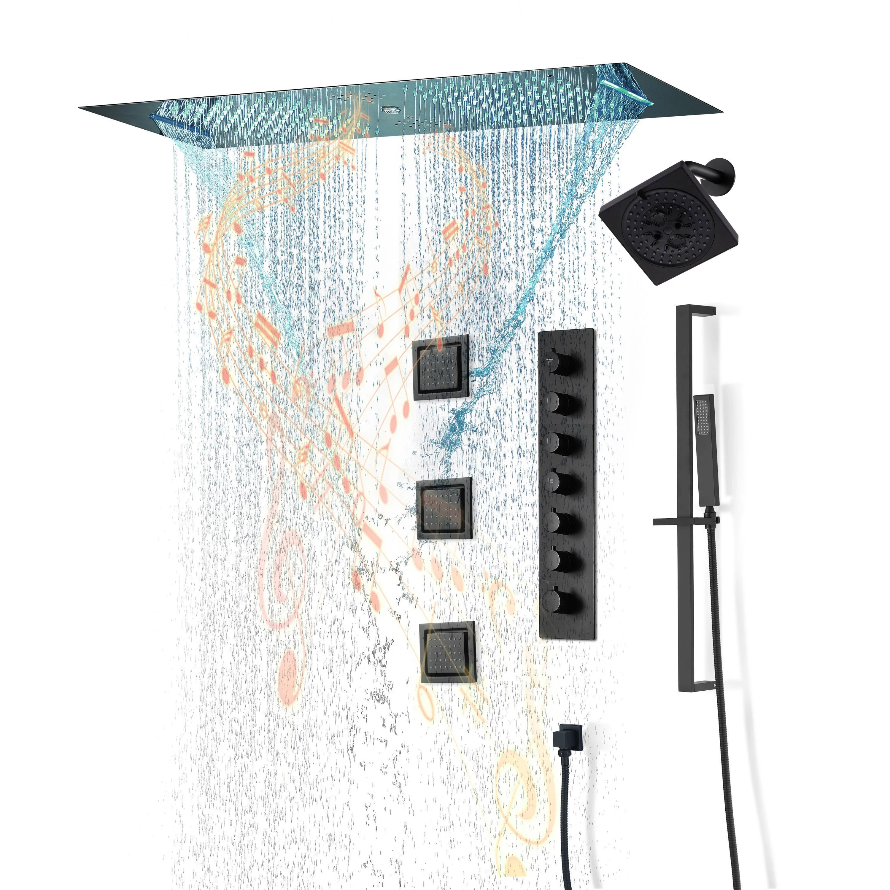 Matte Black Or Brushed nickel 35" Bluetooth Music LED Shower System with Waterfall, 6-Way Digital Thermostatic Valve, 3 Body Jets - Image 4