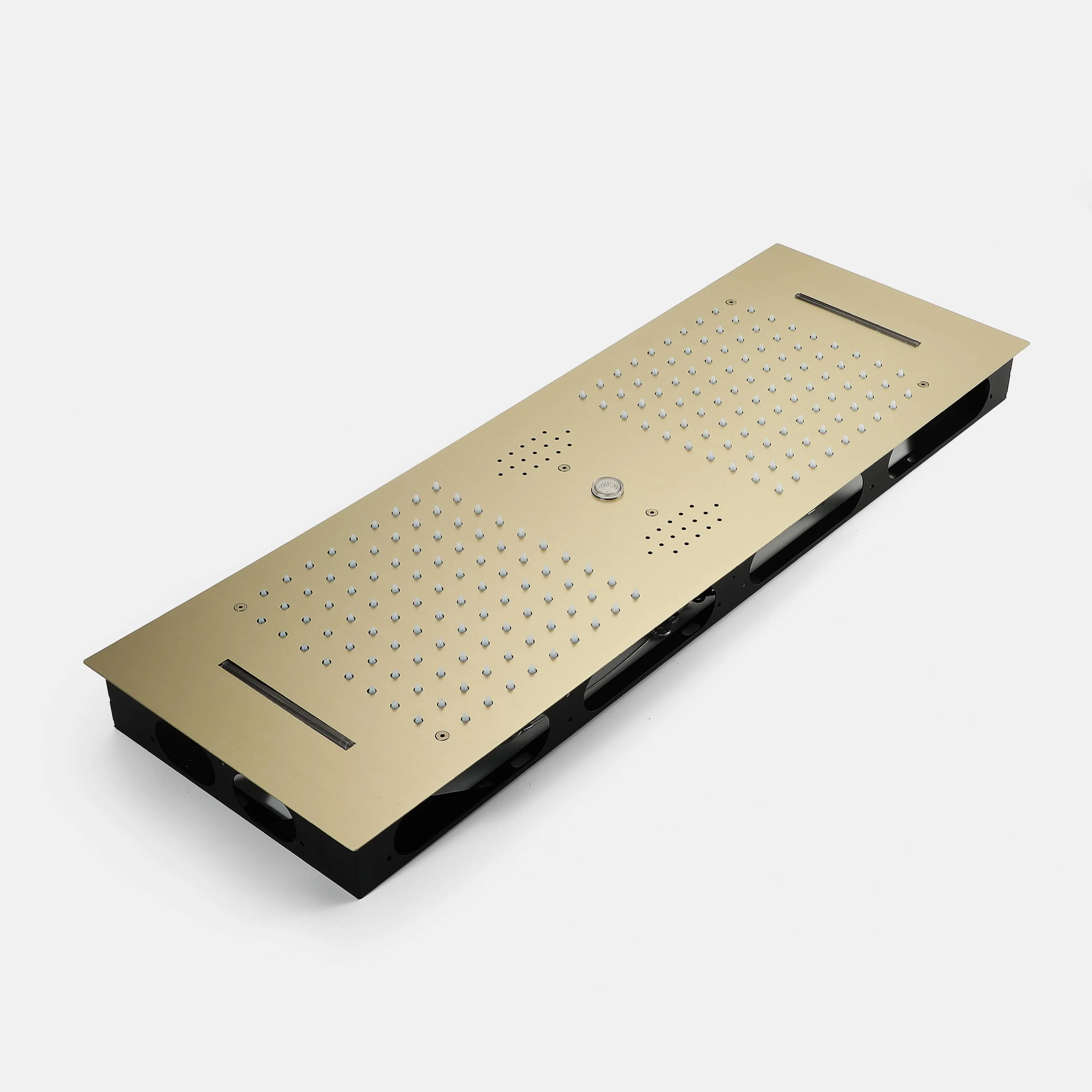 Brushed Gold 35-Inch LED Rainfall, Waterfall and Water Column Shower System with Bluetooth Music, 5-Way Thermostatic Valve, 3 Body Jets, Touch Panel, and Sliding Bar - Image 11