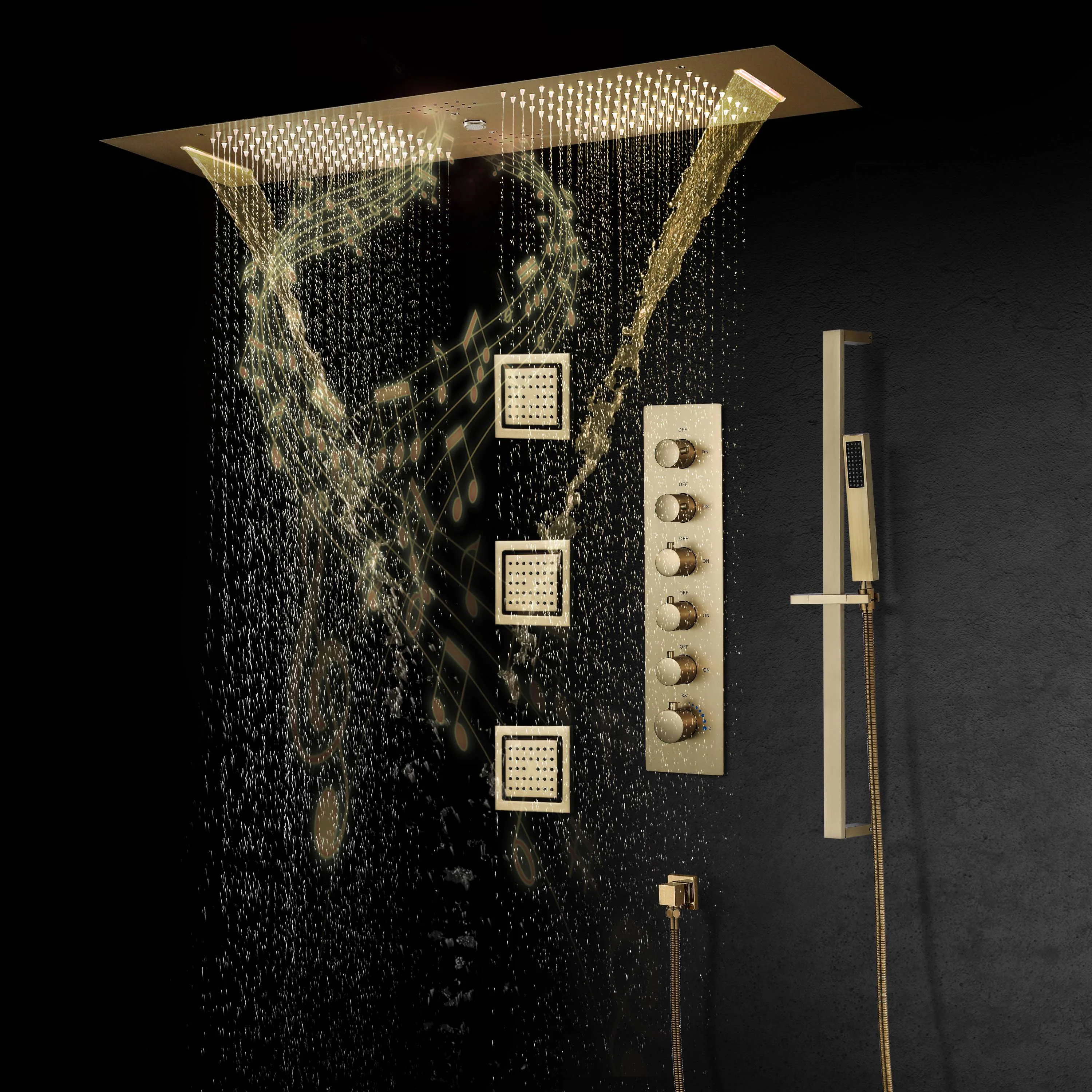 Brushed Gold 35-Inch LED Rainfall, Waterfall and Water Column Shower System with Bluetooth Music, 5-Way Thermostatic Valve, 3 Body Jets, Touch Panel, and Sliding Bar - Image 3