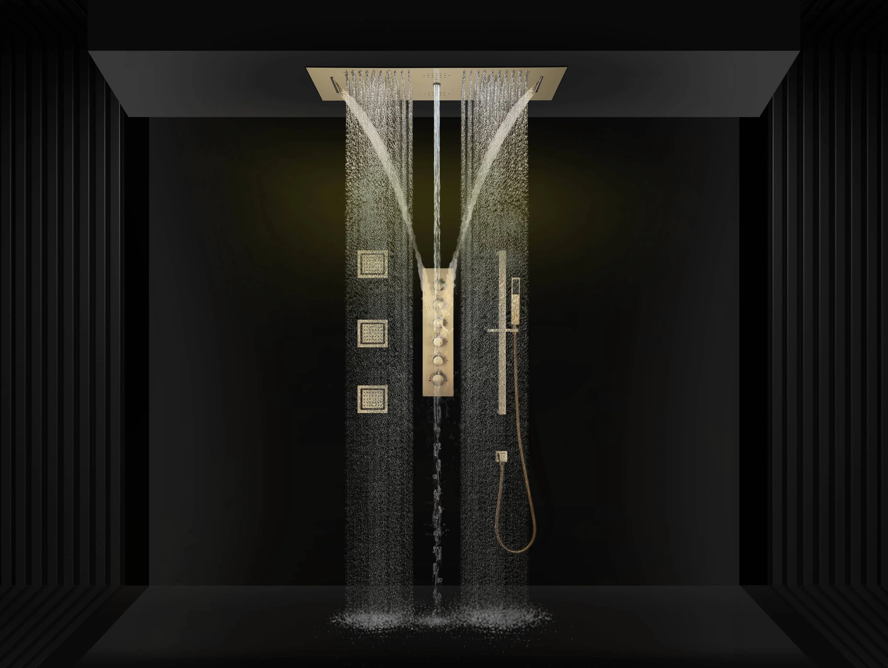 Brushed Gold 35-Inch LED Rainfall, Waterfall and Water Column Shower System with Bluetooth Music, 5-Way Thermostatic Valve, 3 Body Jets, Touch Panel, and Sliding Bar - Image 4