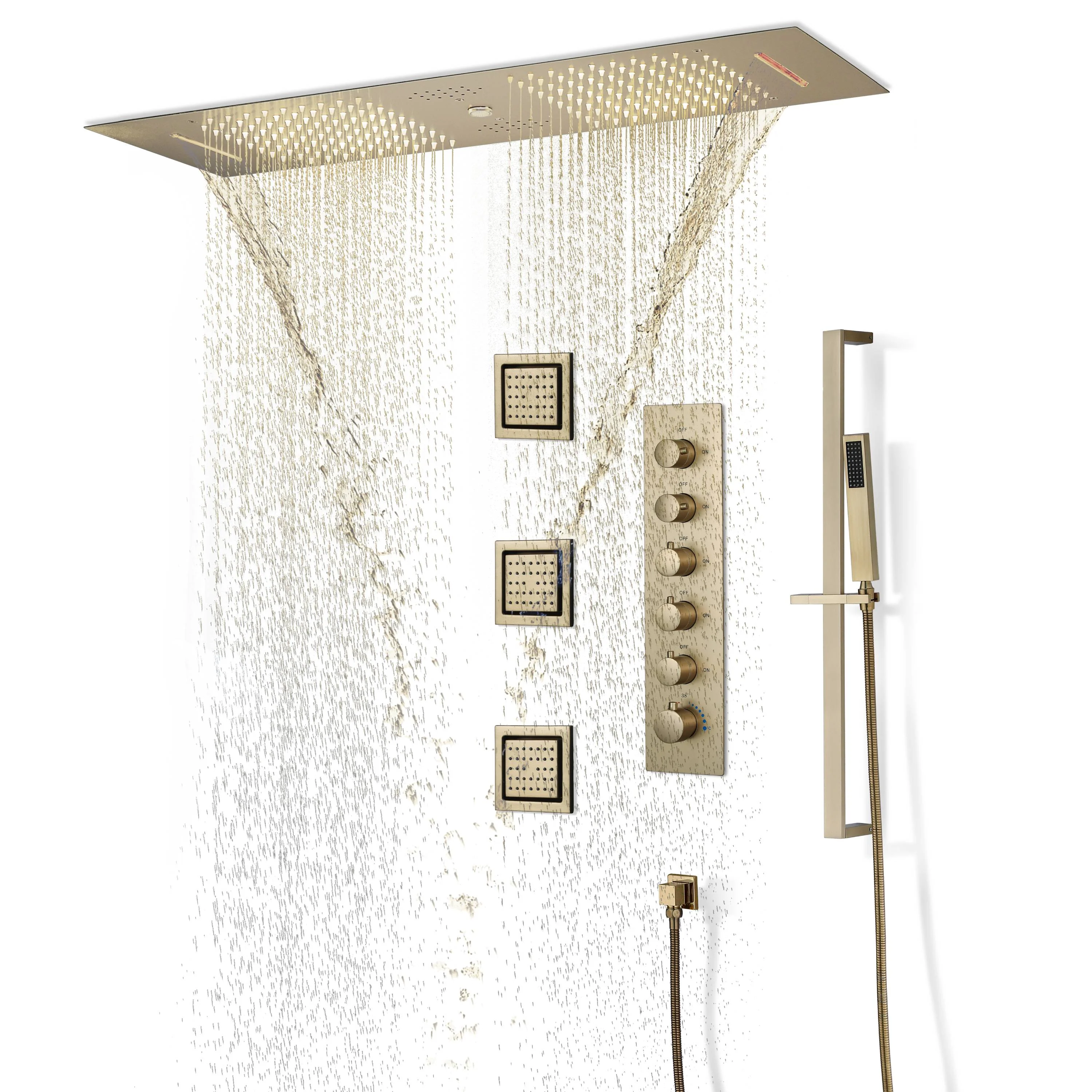 Brushed Gold 35-Inch LED Rainfall, Waterfall and Water Column Shower System with Bluetooth Music, 5-Way Thermostatic Valve, 3 Body Jets, Touch Panel, and Sliding Bar - Image 5