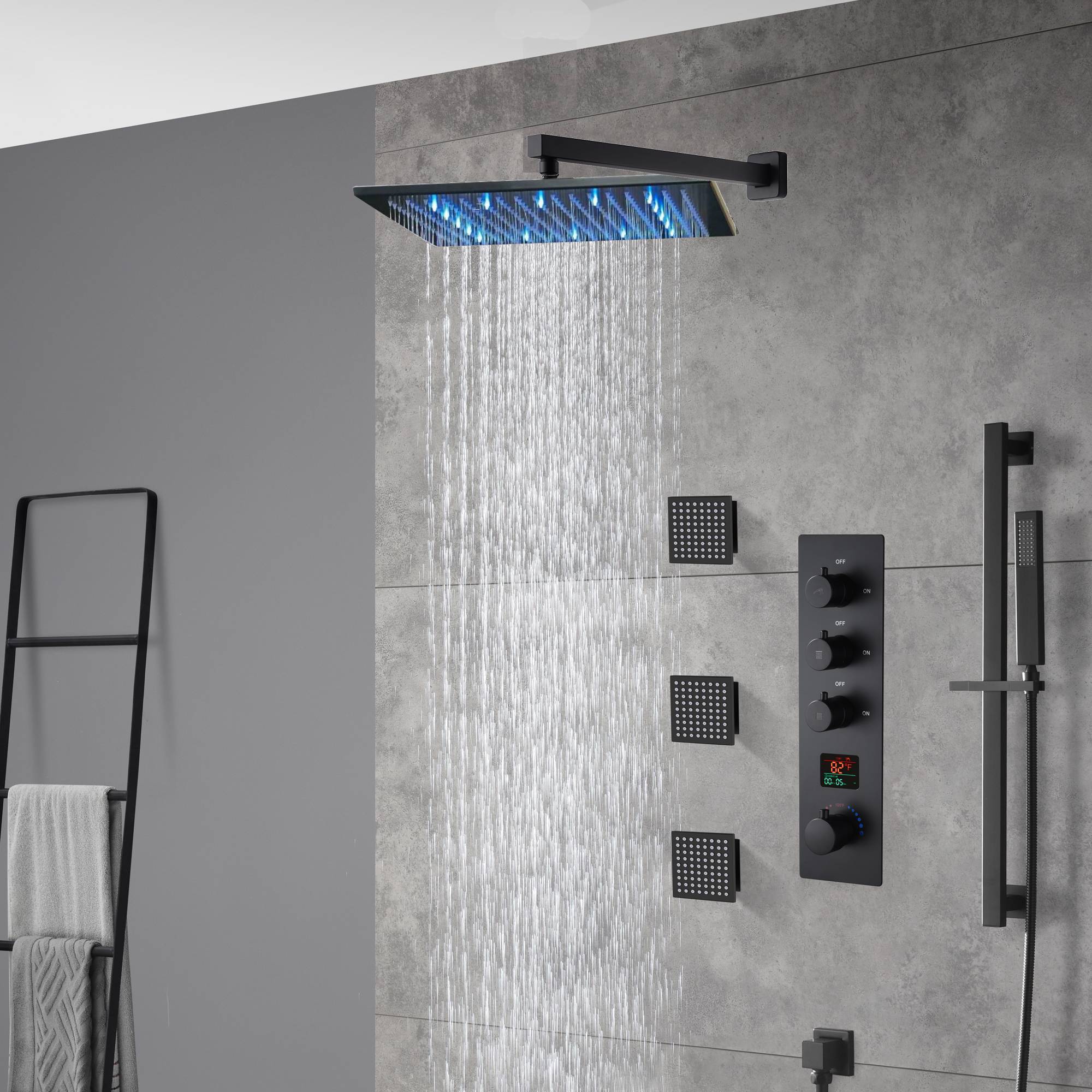 matte black Wall mount 12 inch or 16 inch rain head 3 way digital display thermostatic shower faucet with large body sprayers - Image 2