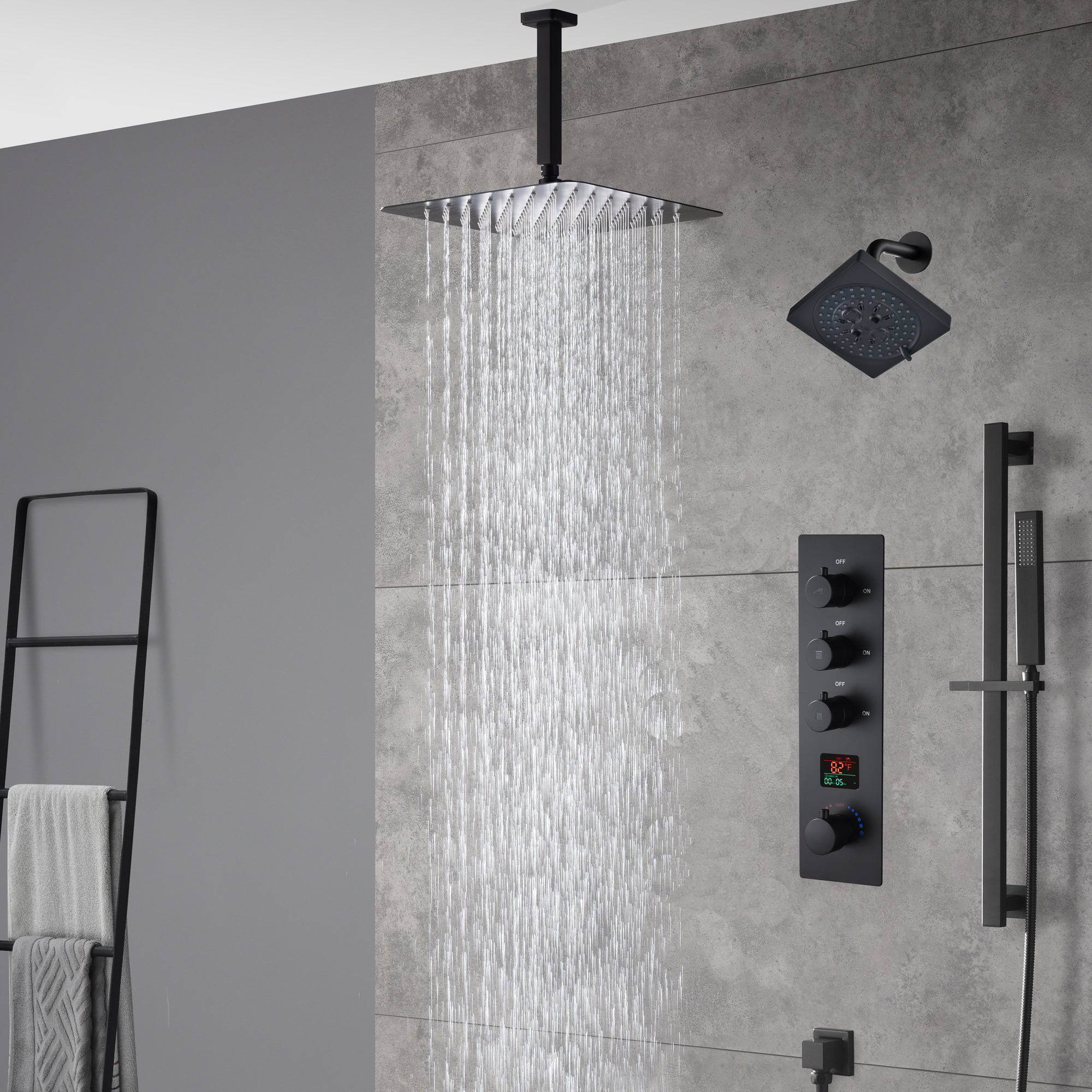 matte black ceiling mount 12 inch or 16 inch rain head 3 way digital display thermostatic shower faucet with Regular head wall mount - Image 10