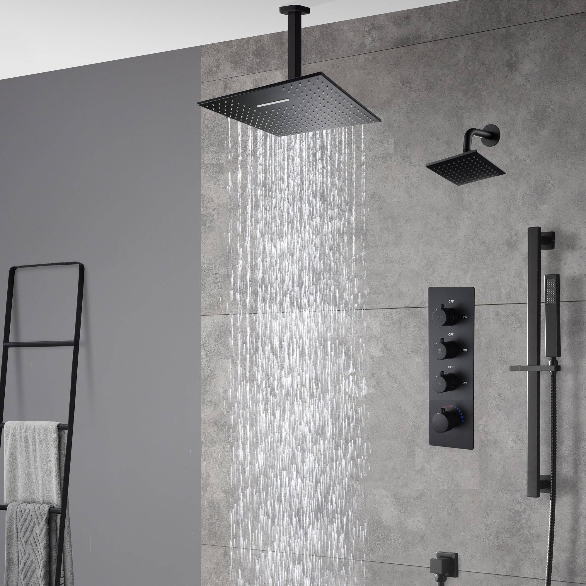 matte black ceiling mount 12 inch or 16 inch rain head 3 way digital display thermostatic shower faucet with Regular head wall mount - Image 11
