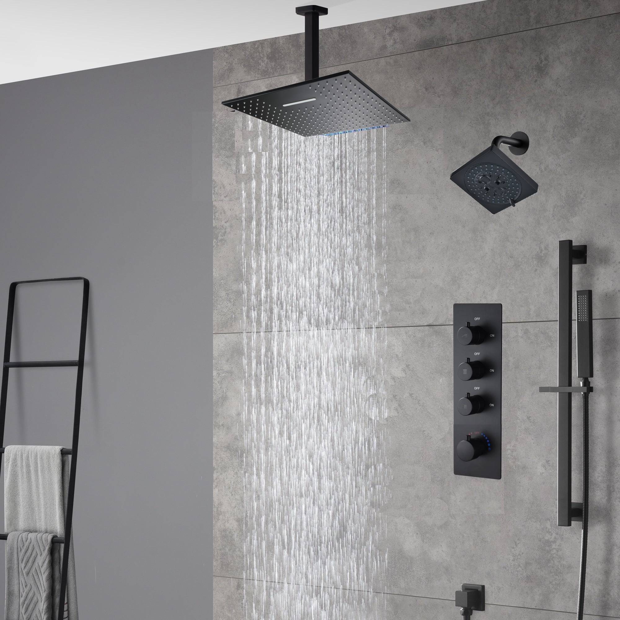 matte black ceiling mount 12 inch or 16 inch rain head 3 way digital display thermostatic shower faucet with Regular head wall mount - Image 12