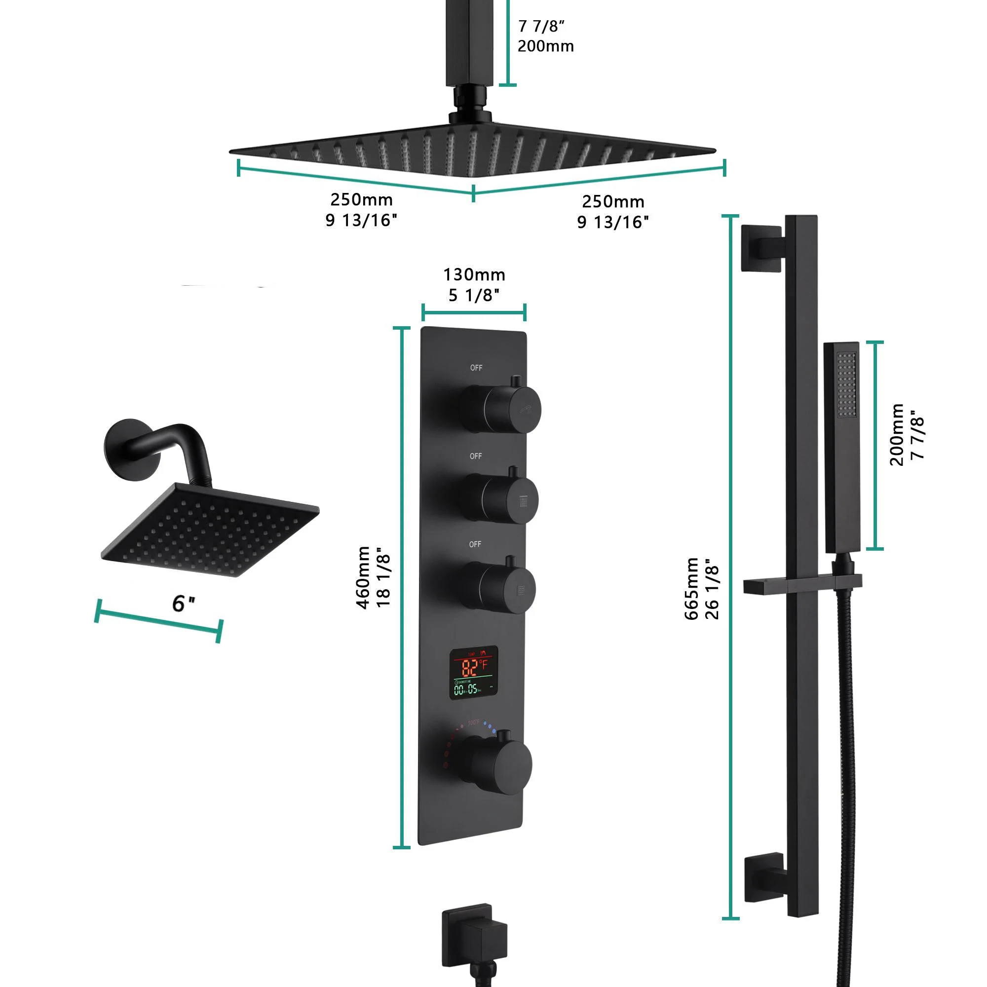 matte black ceiling mount 12 inch or 16 inch rain head 3 way digital display thermostatic shower faucet with Regular head wall mount - Image 18