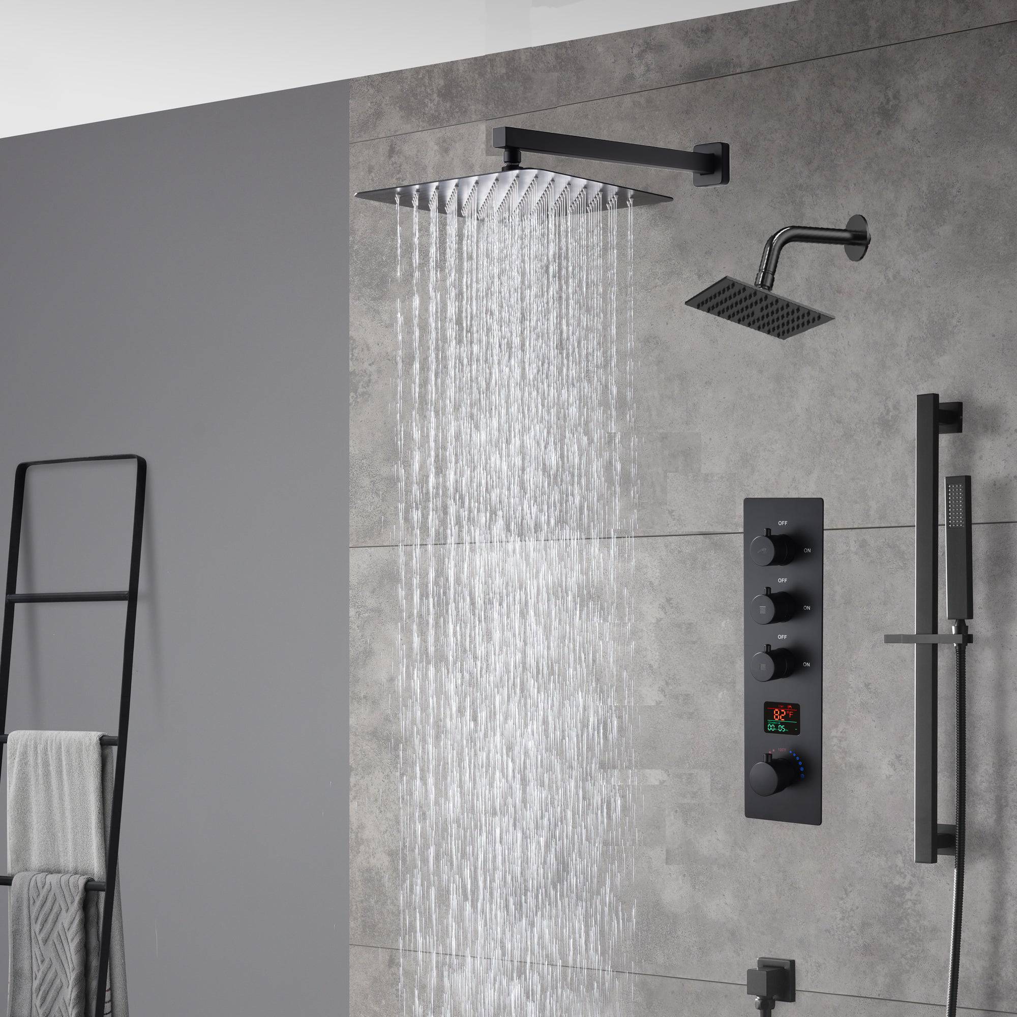 matte black Wall mount 12 inch or 16 inch rain head 3 way digital display thermostatic shower faucet with Regular head - Image 2