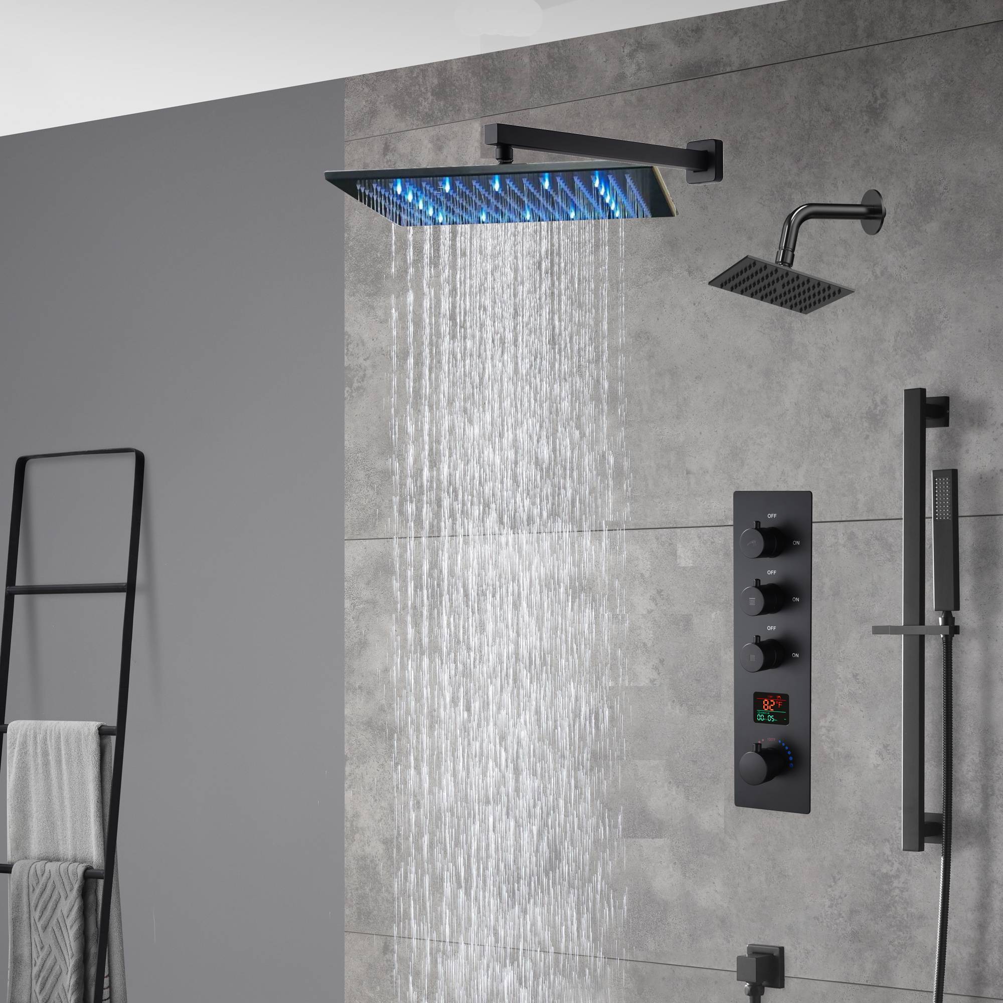 matte black Wall mount 12 inch or 16 inch rain head 3 way digital display thermostatic shower faucet with Regular head - Image 3