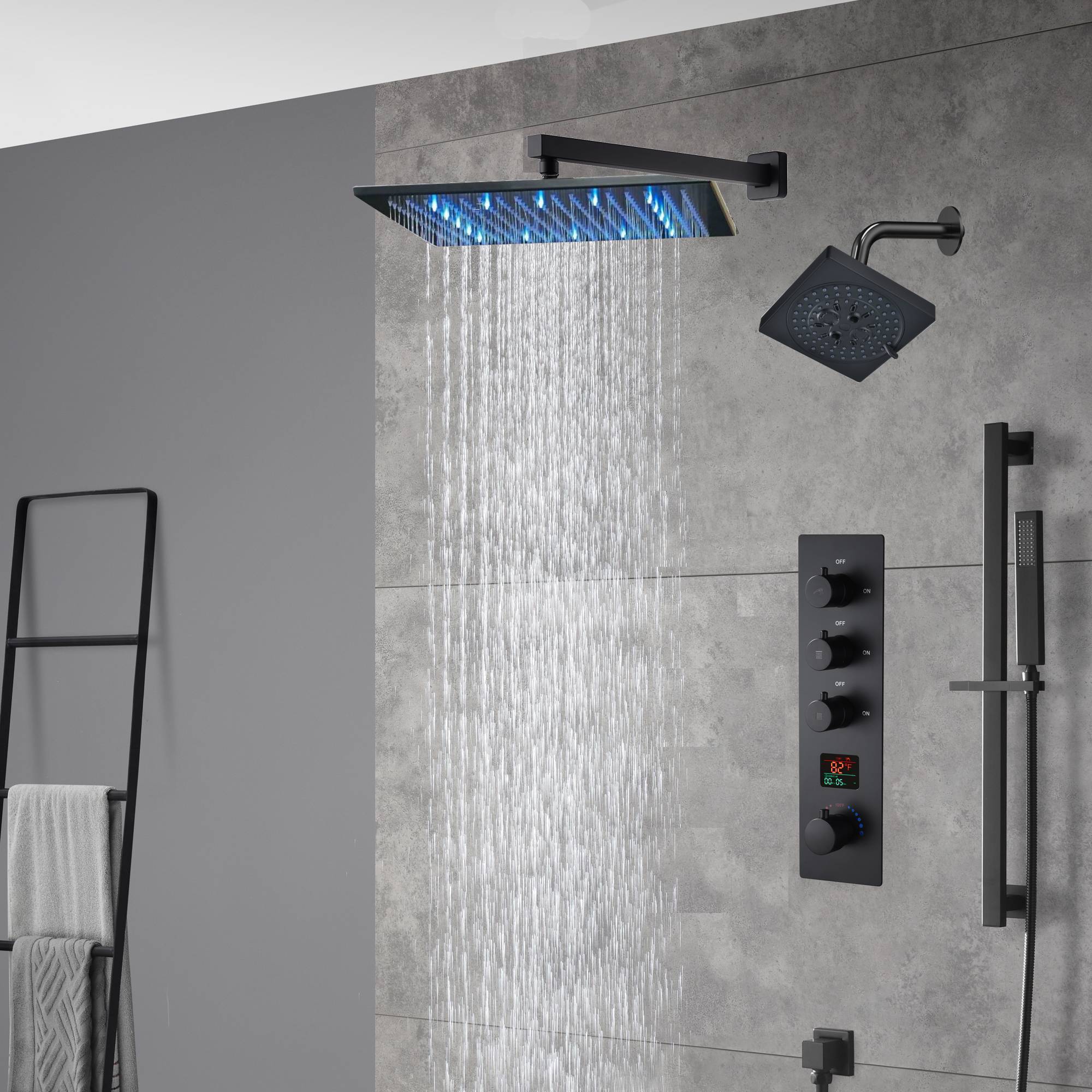 matte black Wall mount 12 inch or 16 inch rain head 3 way digital display thermostatic shower faucet with Regular head - Image 4