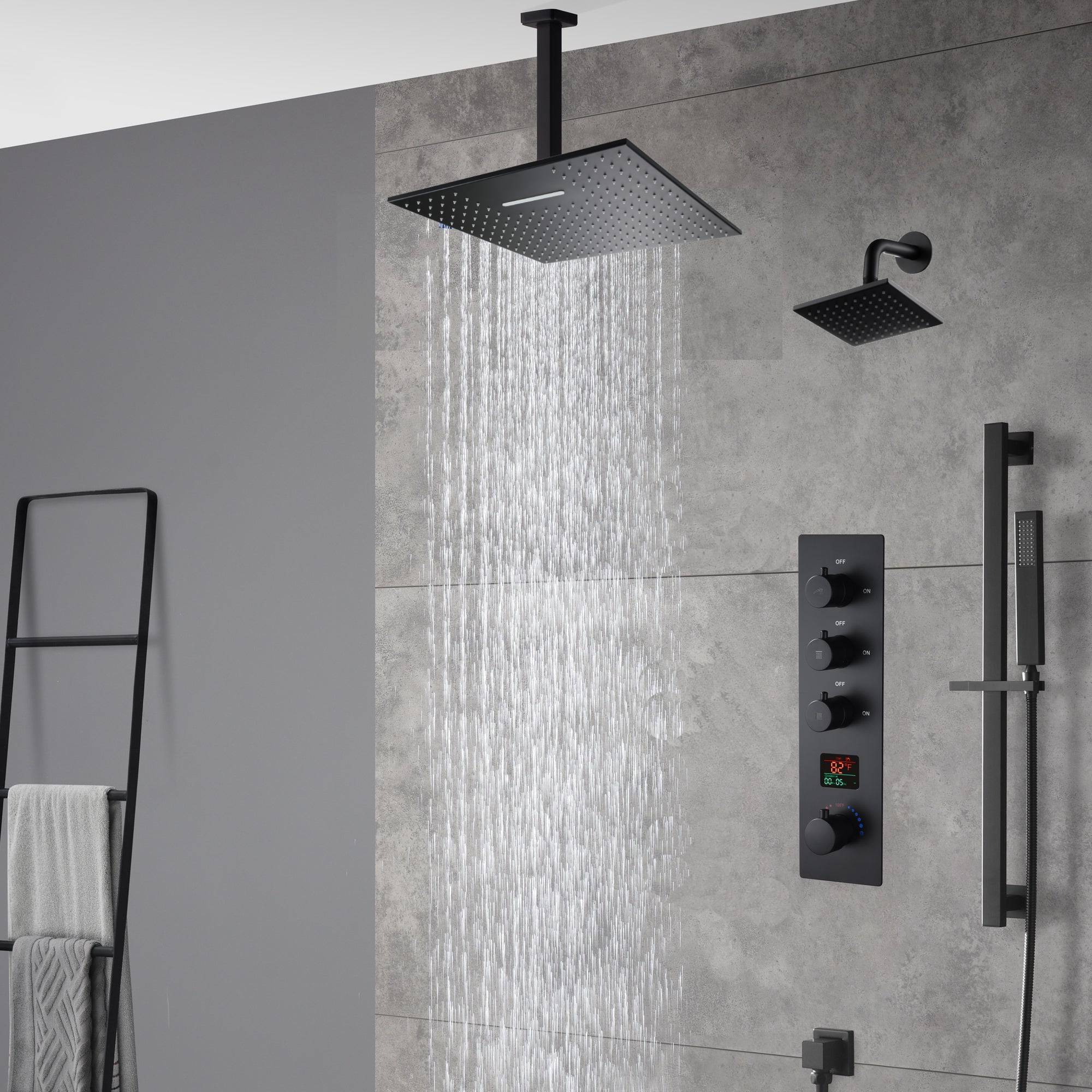 matte black ceiling mount 12 inch or 16 inch rain head 3 way digital display thermostatic shower faucet with Regular head wall mount - Image 2