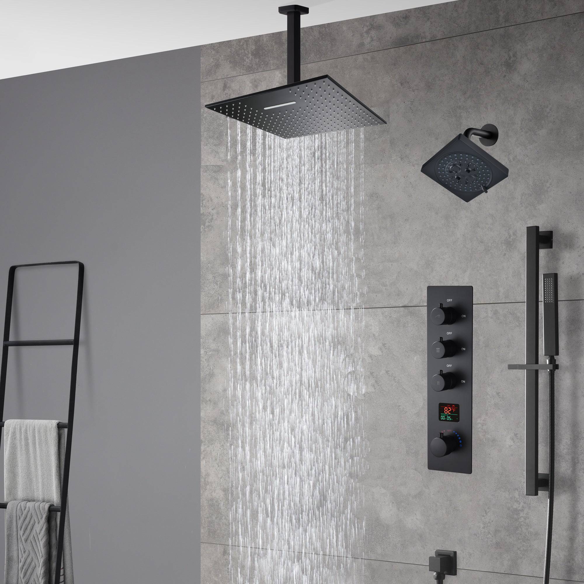 matte black ceiling mount 12 inch or 16 inch rain head 3 way digital display thermostatic shower faucet with Regular head wall mount - Image 3