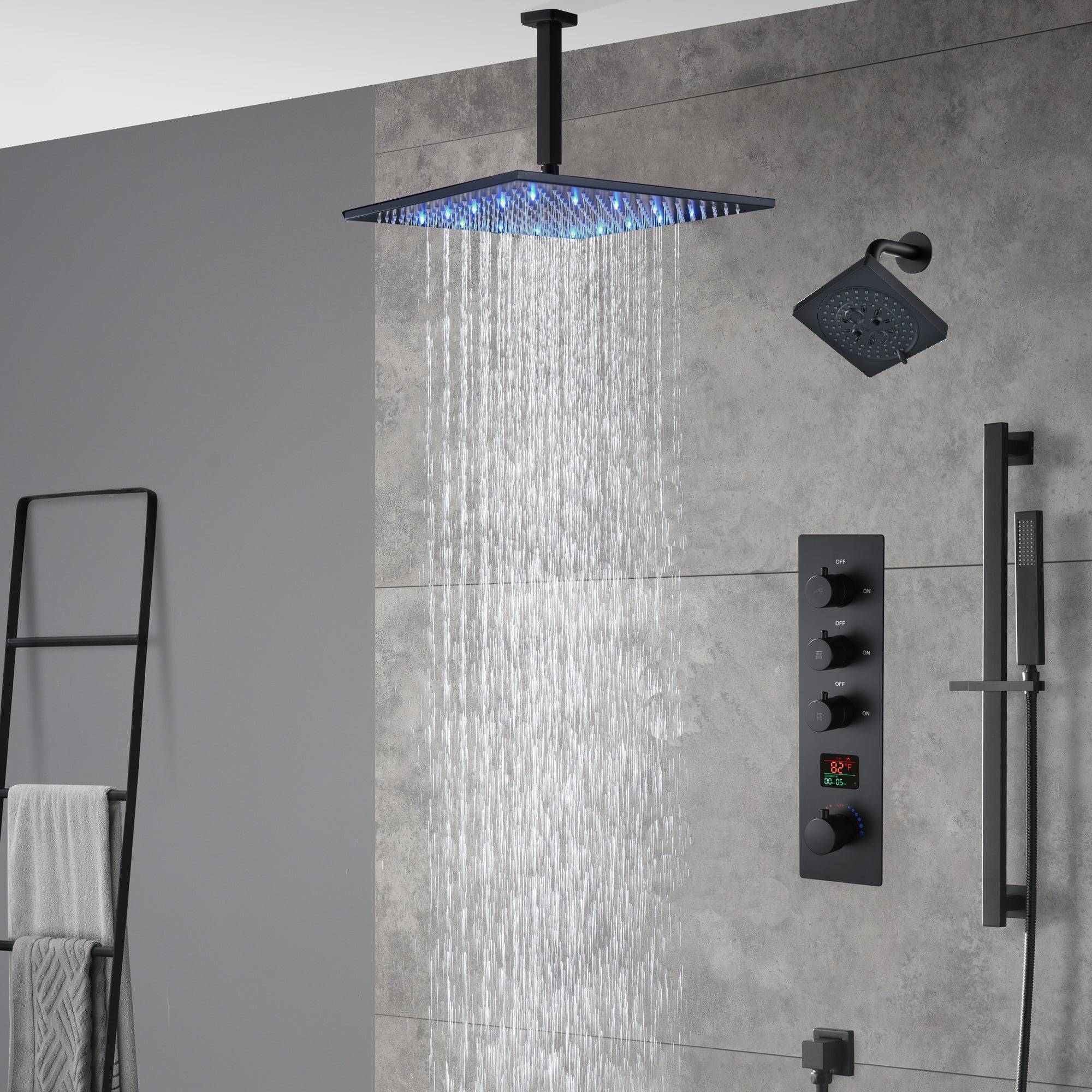 matte black ceiling mount 12 inch or 16 inch rain head 3 way digital display thermostatic shower faucet with Regular head wall mount - Image 4