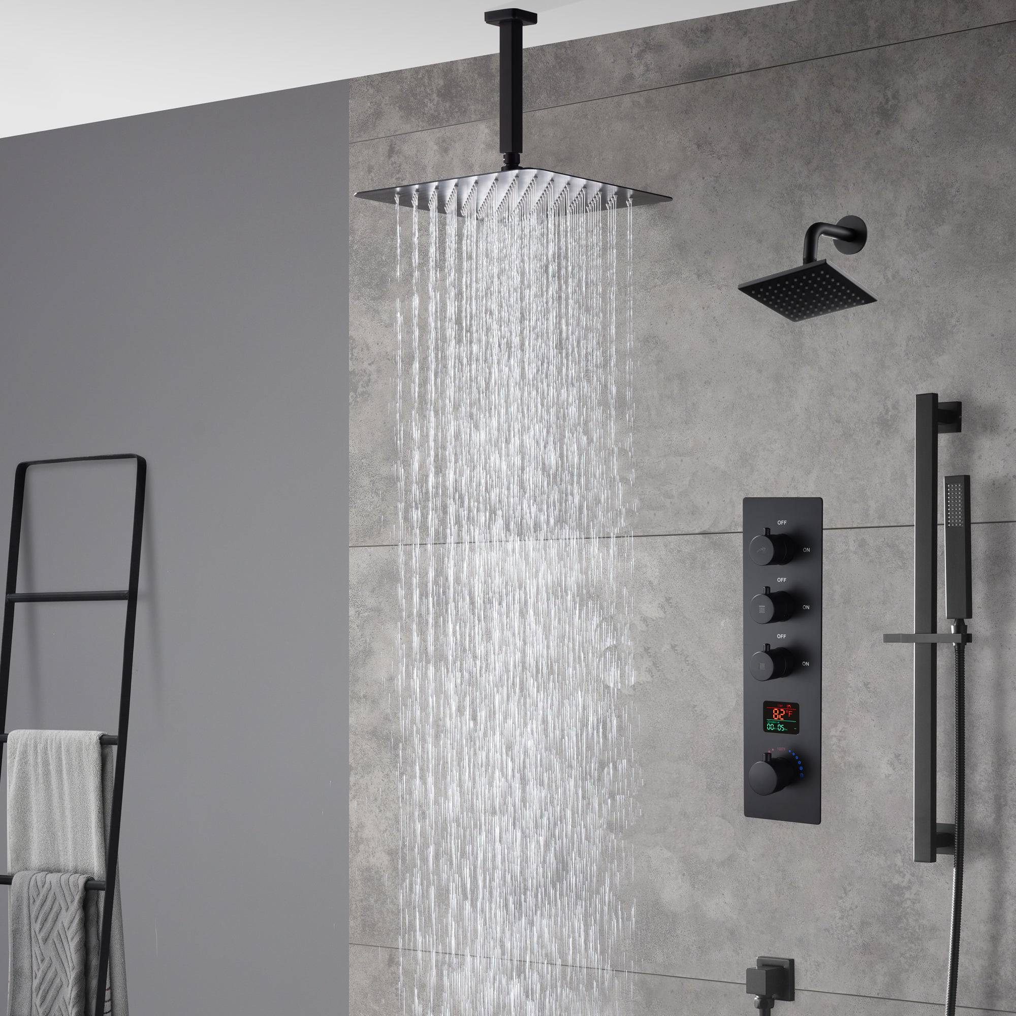 matte black ceiling mount 12 inch or 16 inch rain head 3 way digital display thermostatic shower faucet with Regular head wall mount - Image 5