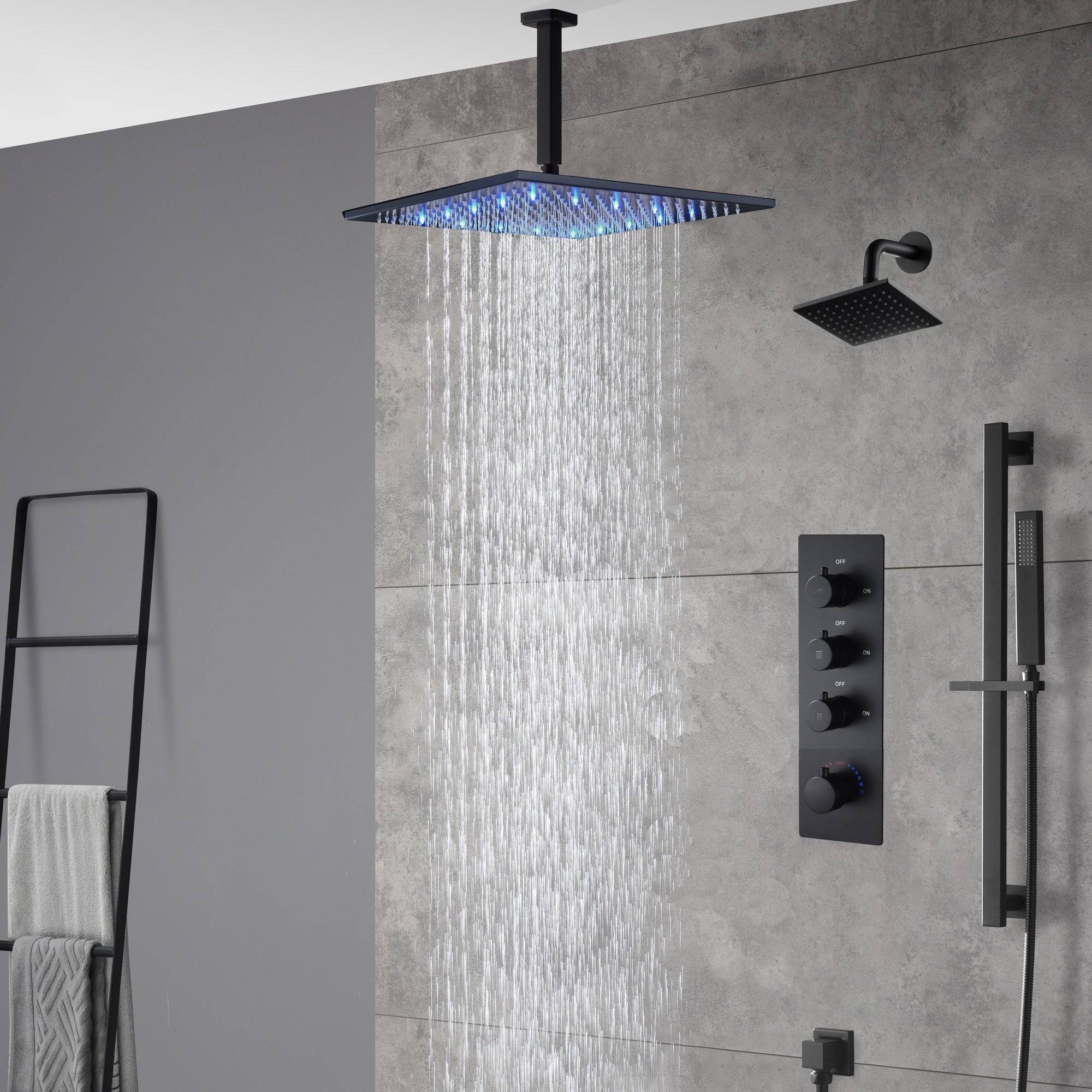 matte black ceiling mount 12 inch or 16 inch rain head 3 way digital display thermostatic shower faucet with Regular head wall mount - Image 9