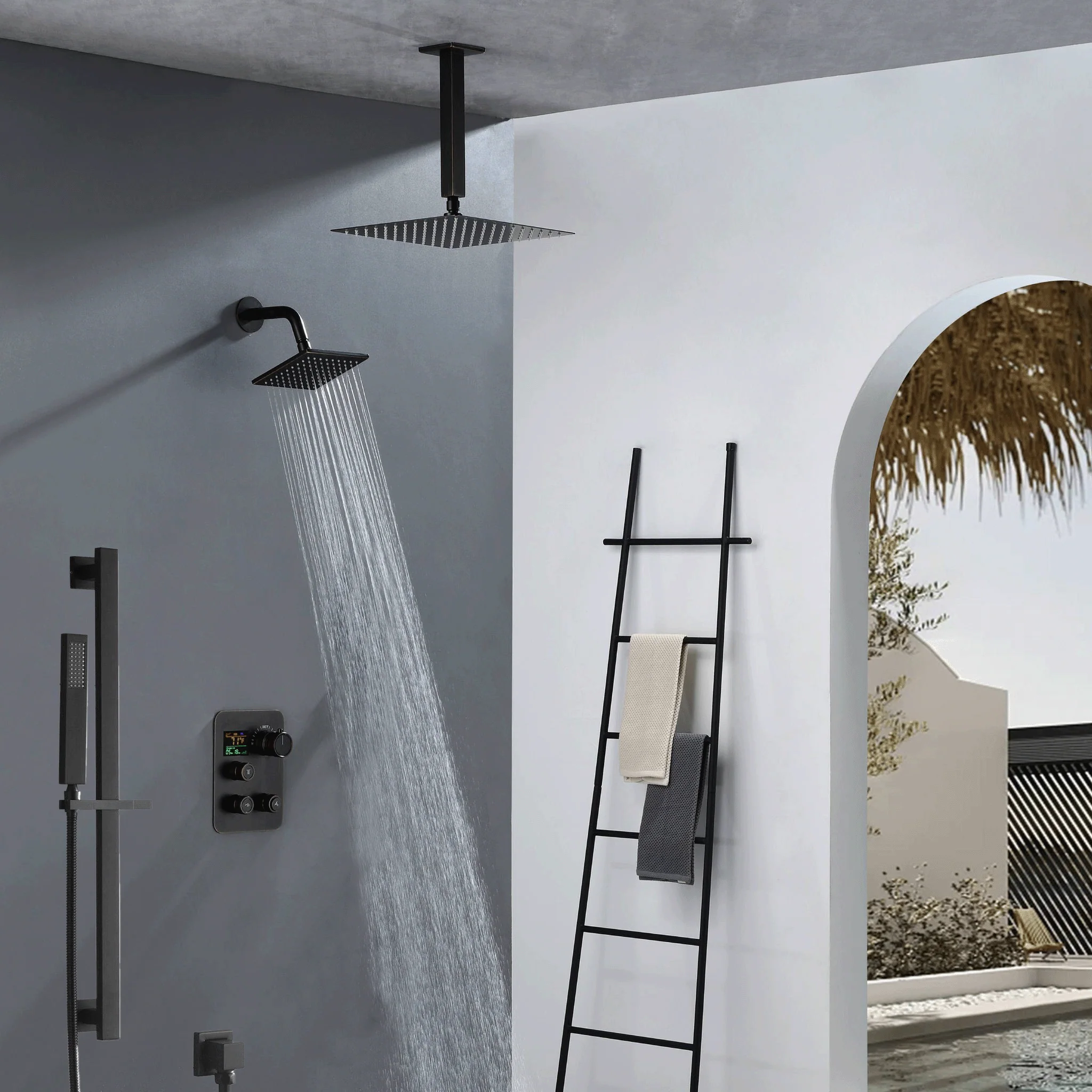 matte black ceiling mount 12 inch or 16 inch rain head 3 way thermostatic shower faucet with Regular head wall mount