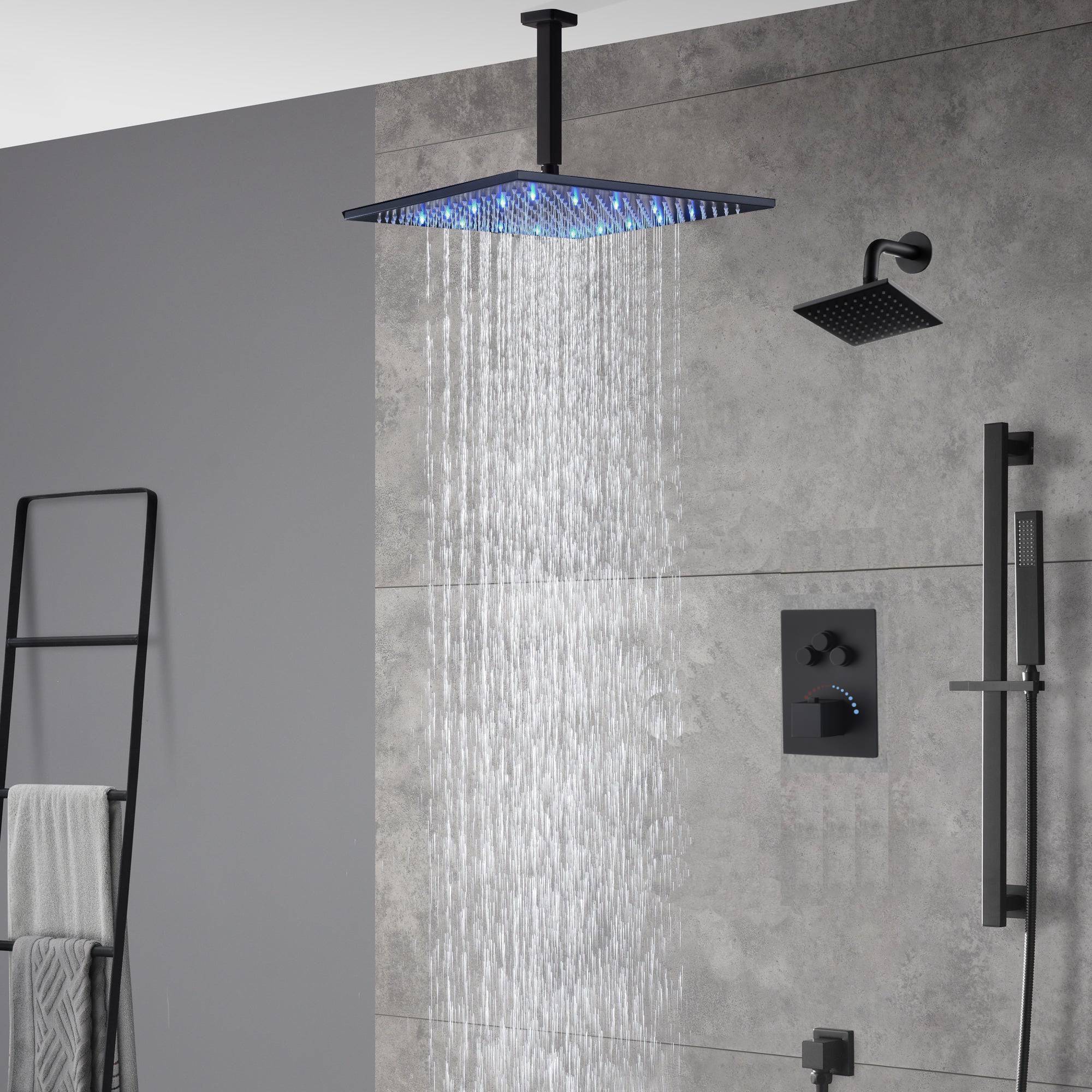 matte black ceiling mount 12 inch or 16 inch rain head 3 way thermostatic shower faucet with Regular head wall mount - Image 18