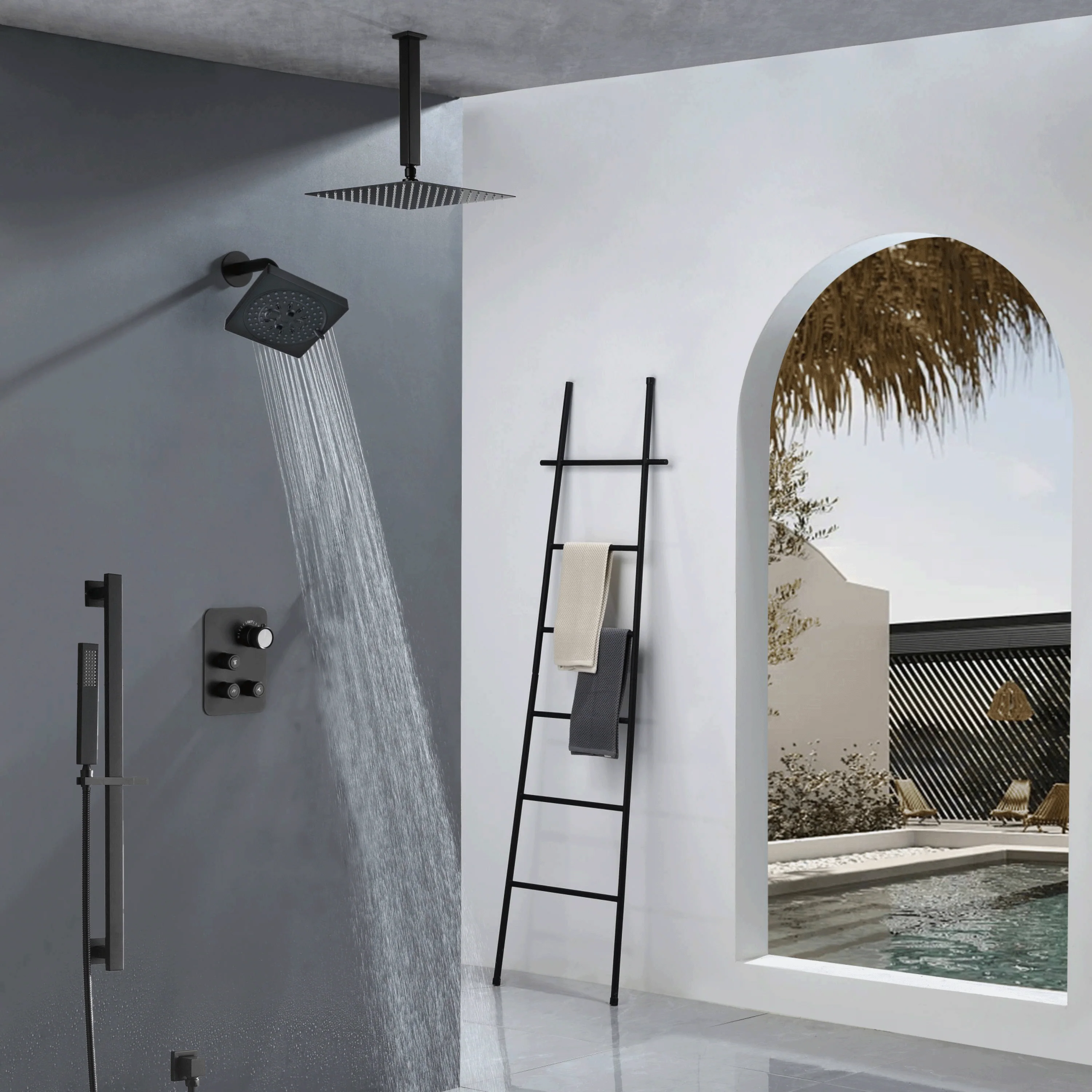 matte black ceiling mount 12 inch or 16 inch rain head 3 way thermostatic shower faucet with Regular head wall mount - Image 2