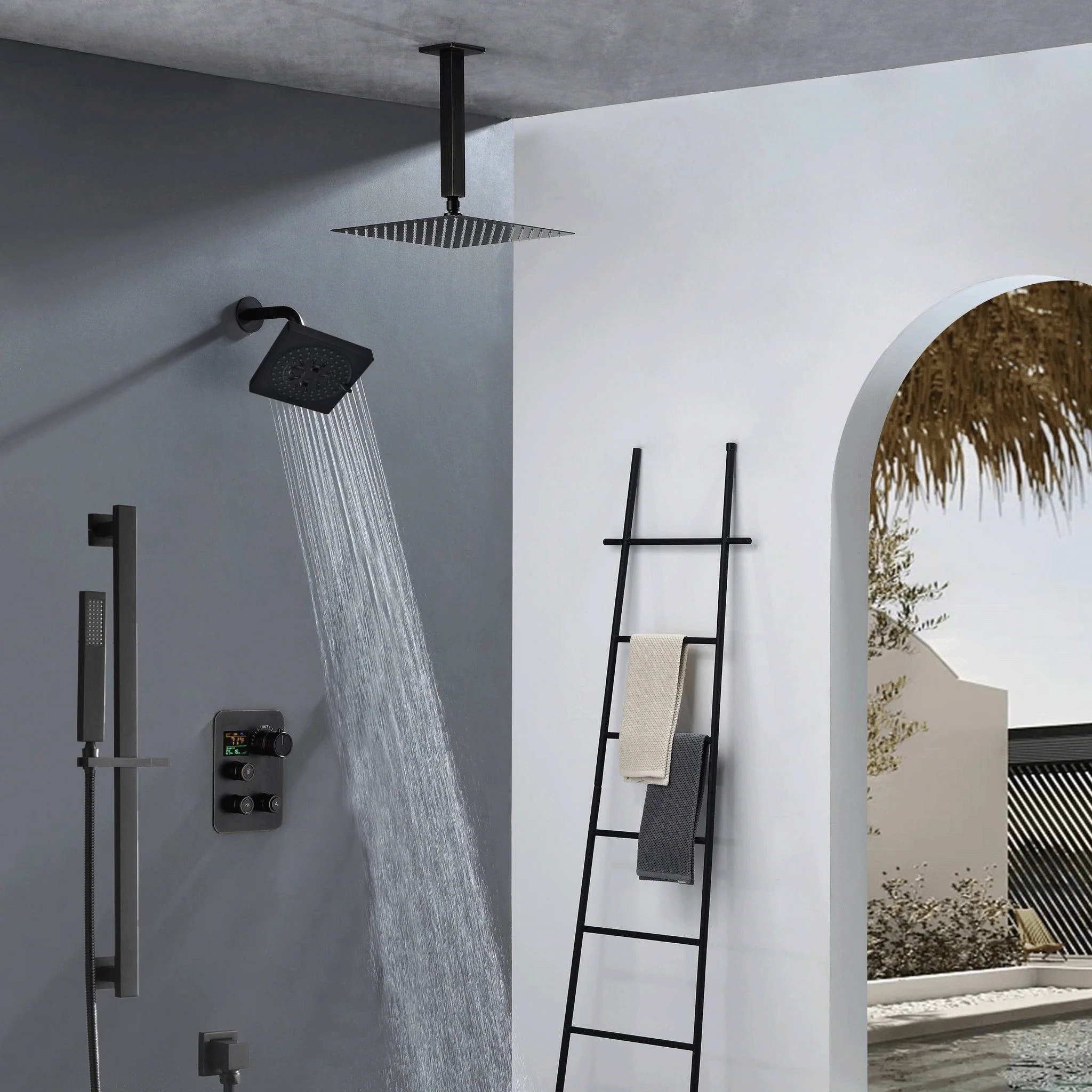 matte black ceiling mount 12 inch or 16 inch rain head 3 way thermostatic shower faucet with Regular head wall mount - Image 3