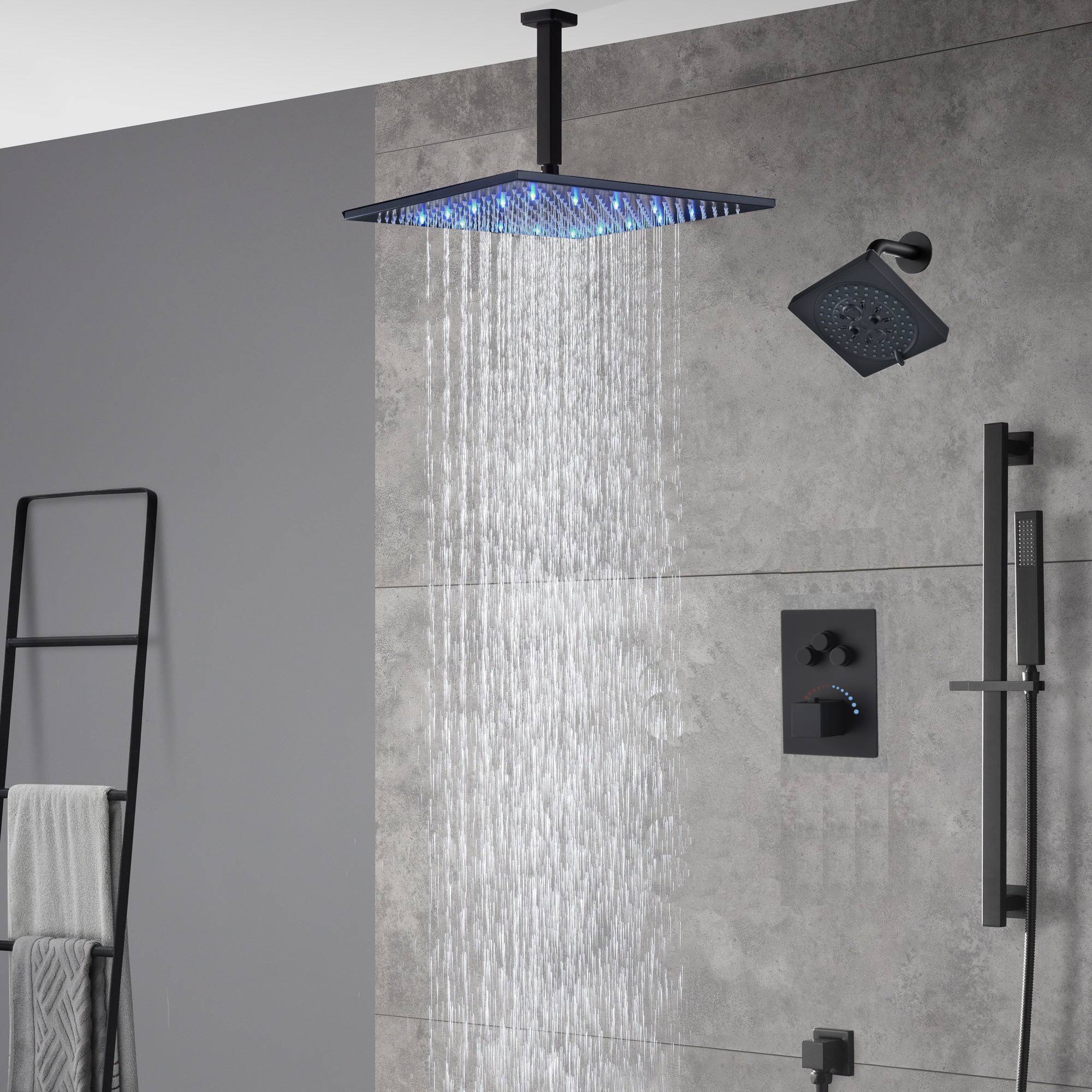 matte black ceiling mount 12 inch or 16 inch rain head 3 way thermostatic shower faucet with Regular head wall mount - Image 4