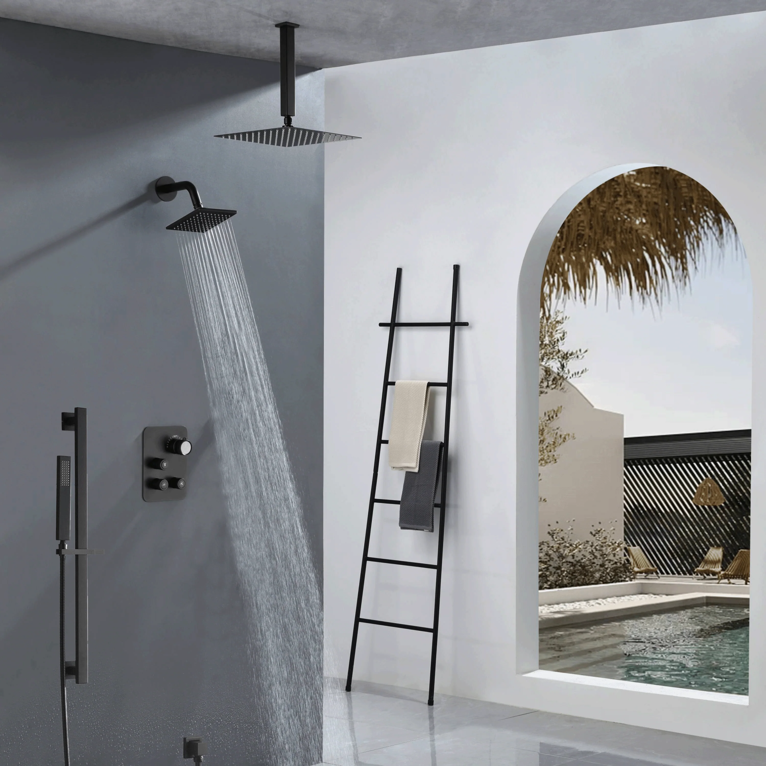 matte black ceiling mount 12 inch or 16 inch rain head 3 way thermostatic shower faucet with Regular head wall mount - Image 6