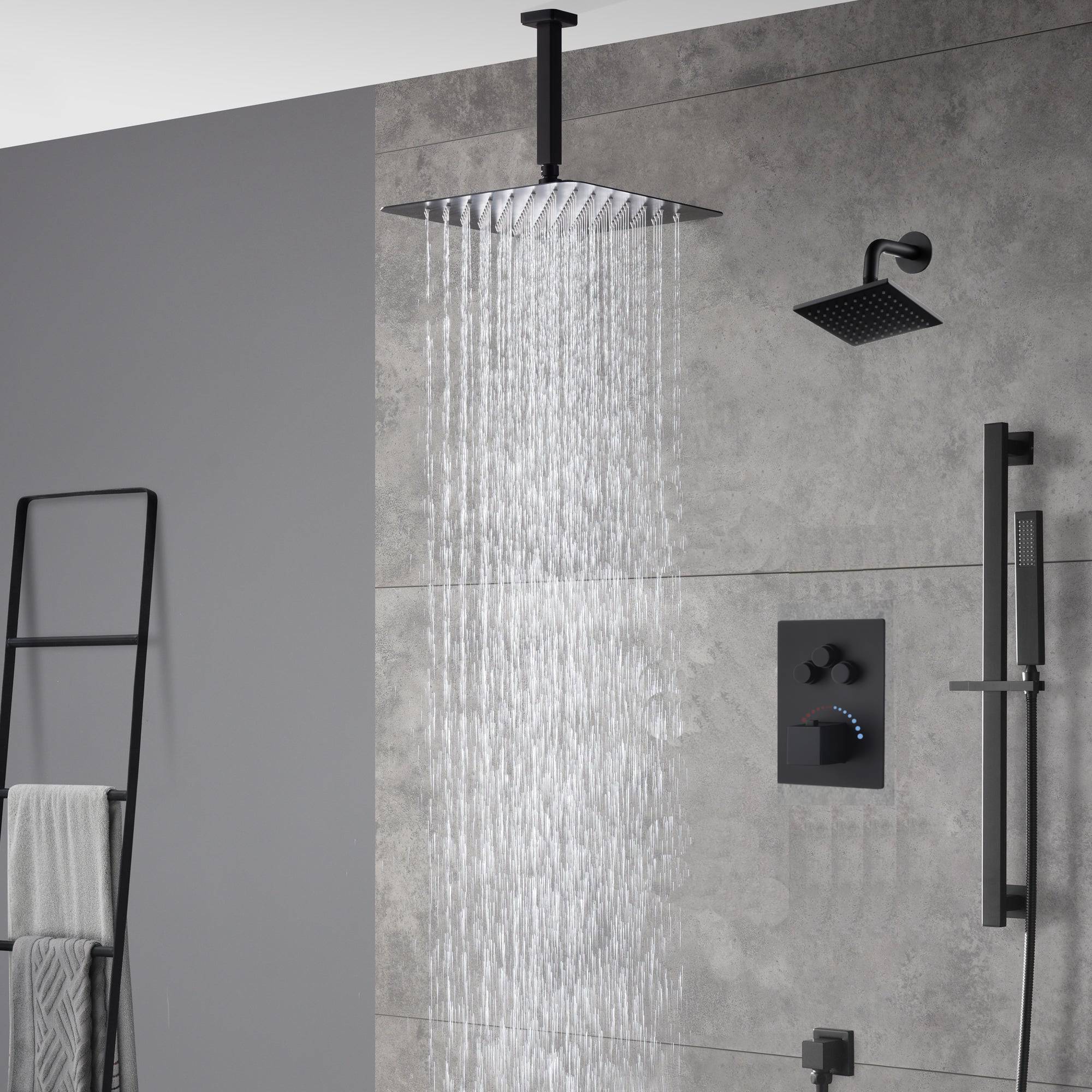 matte black ceiling mount 12 inch or 16 inch rain head 3 way thermostatic shower faucet with Regular head wall mount - Image 7