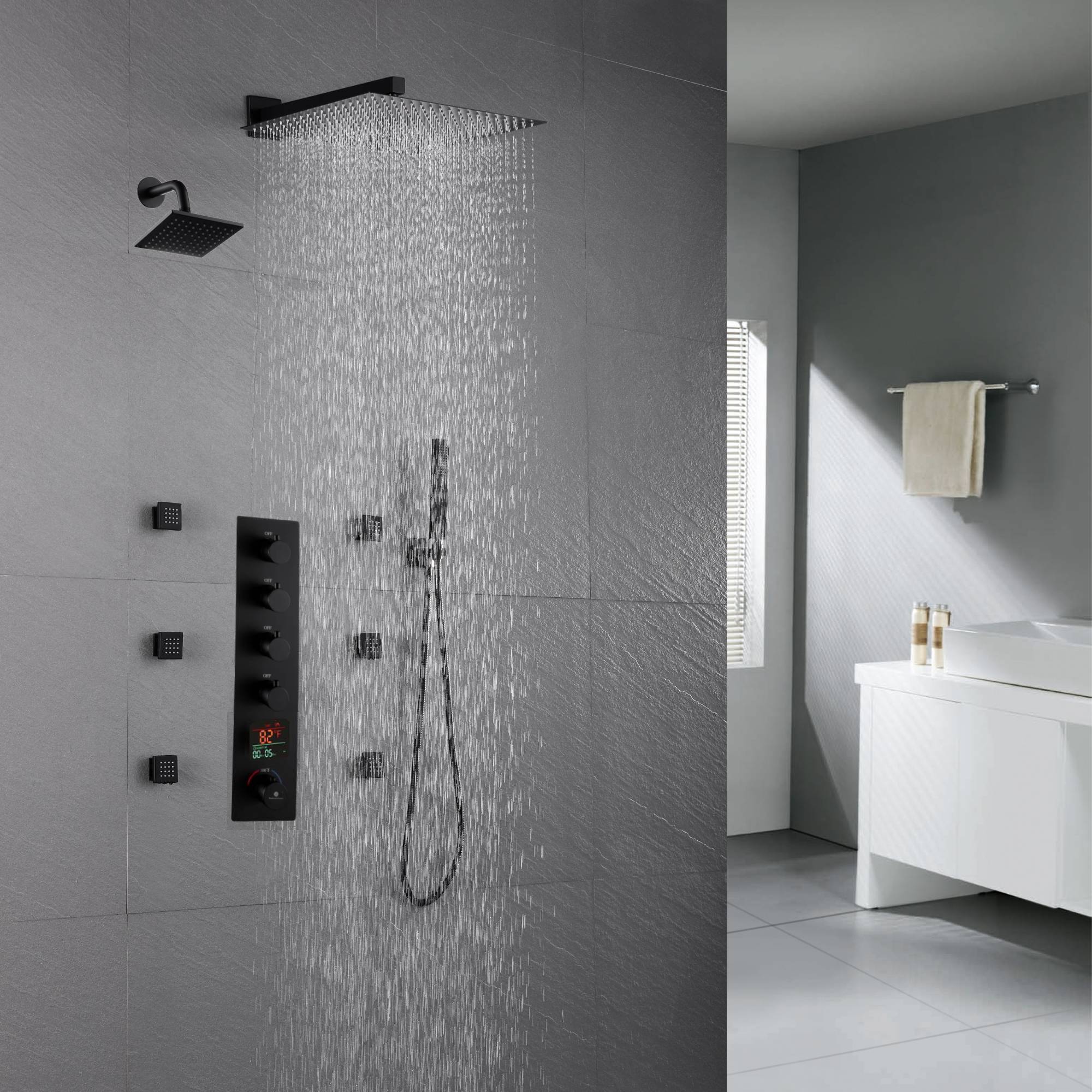 Matte Black Wall mount 12 inch or 16 inch rainfall shower head wall mount 6 inch high water pressure regular shower head 4 way thermostatic shower faucet with body jets - Image 2