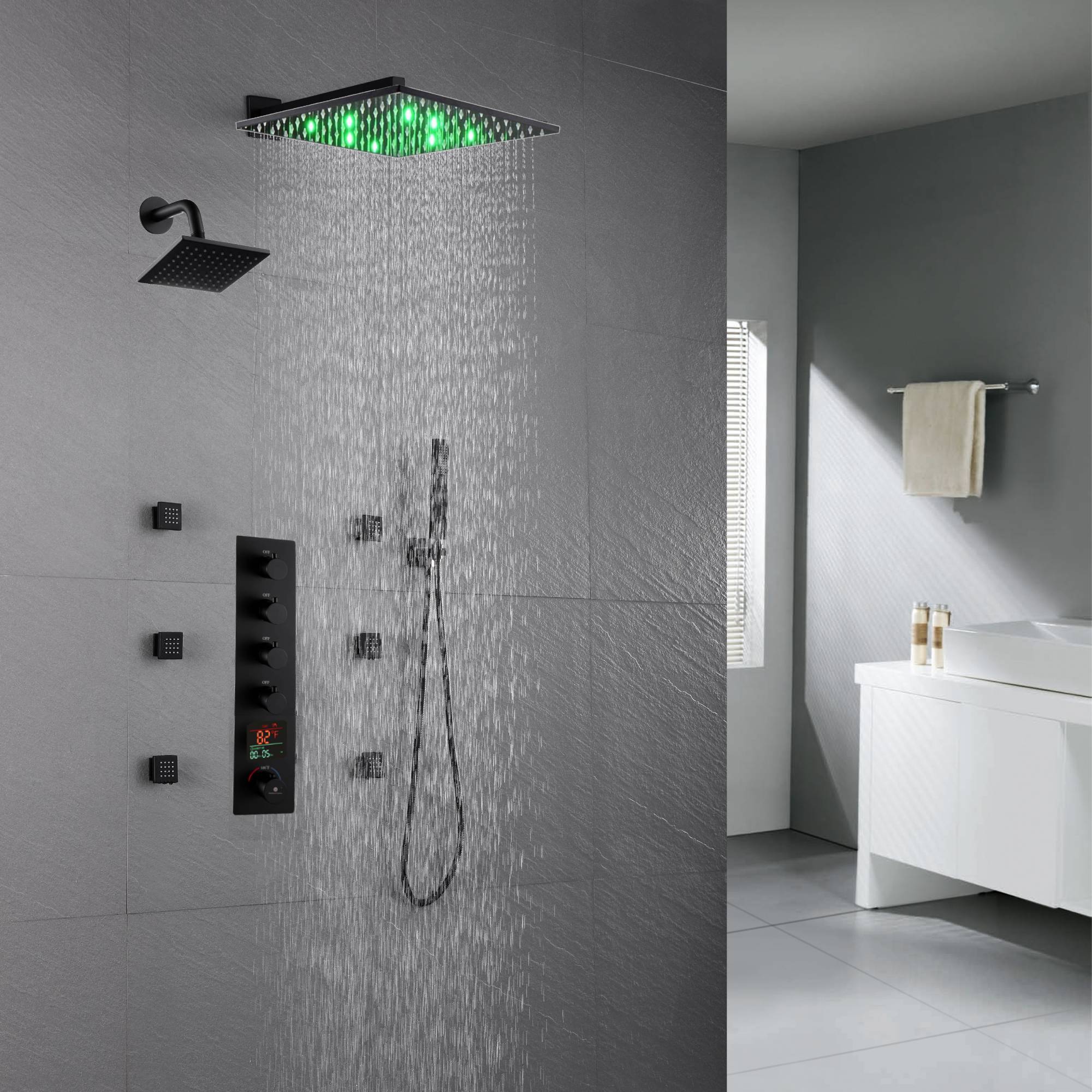 Matte Black Wall mount 12 inch or 16 inch rainfall shower head wall mount 6 inch high water pressure regular shower head 4 way thermostatic shower faucet with body jets - Image 3