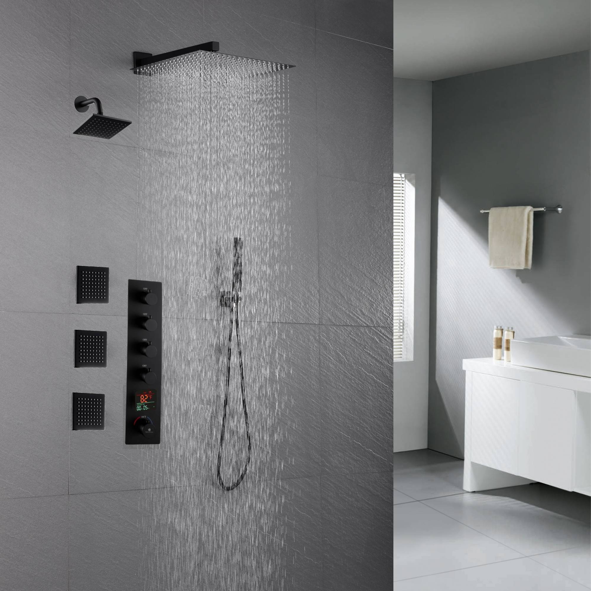 Matte Black Wall mount 12 inch or 16 inch rainfall shower head wall mount 6 inch high water pressure regular shower head 4 way thermostatic shower faucet with body jets - Image 4