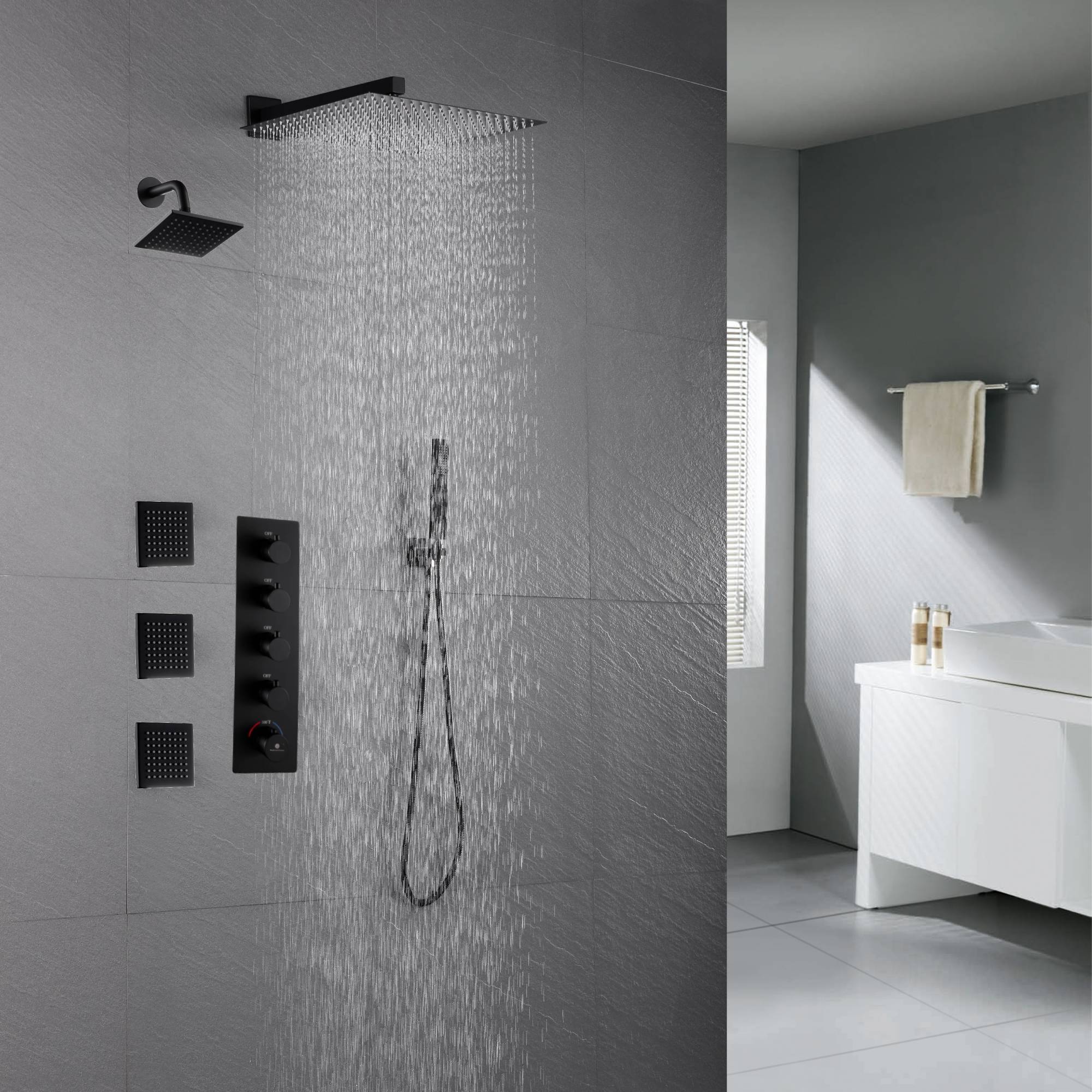 Matte Black Wall mount 12 inch or 16 inch rainfall shower head wall mount 6 inch high water pressure regular shower head 4 way thermostatic shower faucet with body jets - Image 5