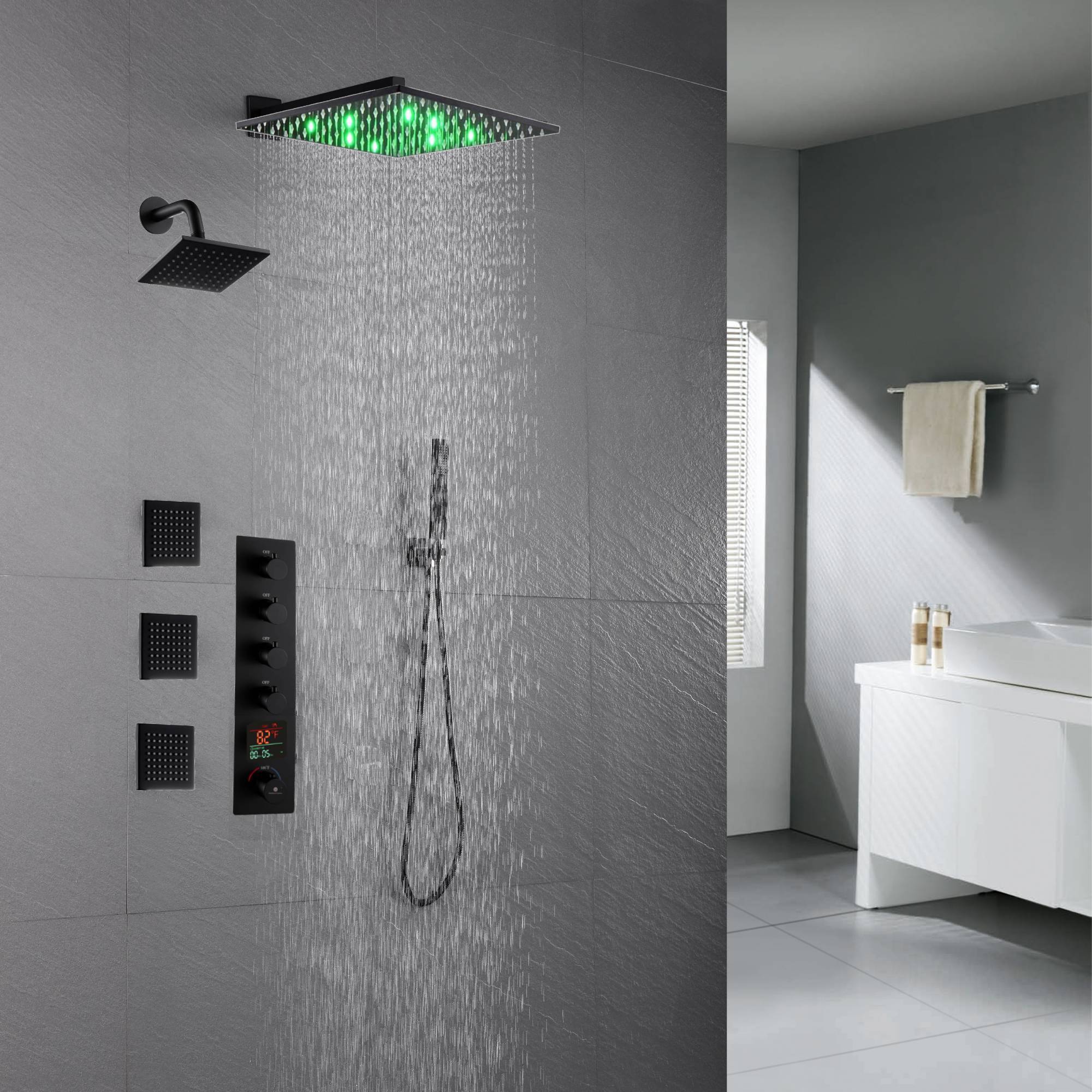 Matte Black Wall mount 12 inch or 16 inch rainfall shower head wall mount 6 inch high water pressure regular shower head 4 way thermostatic shower faucet with body jets - Image 6