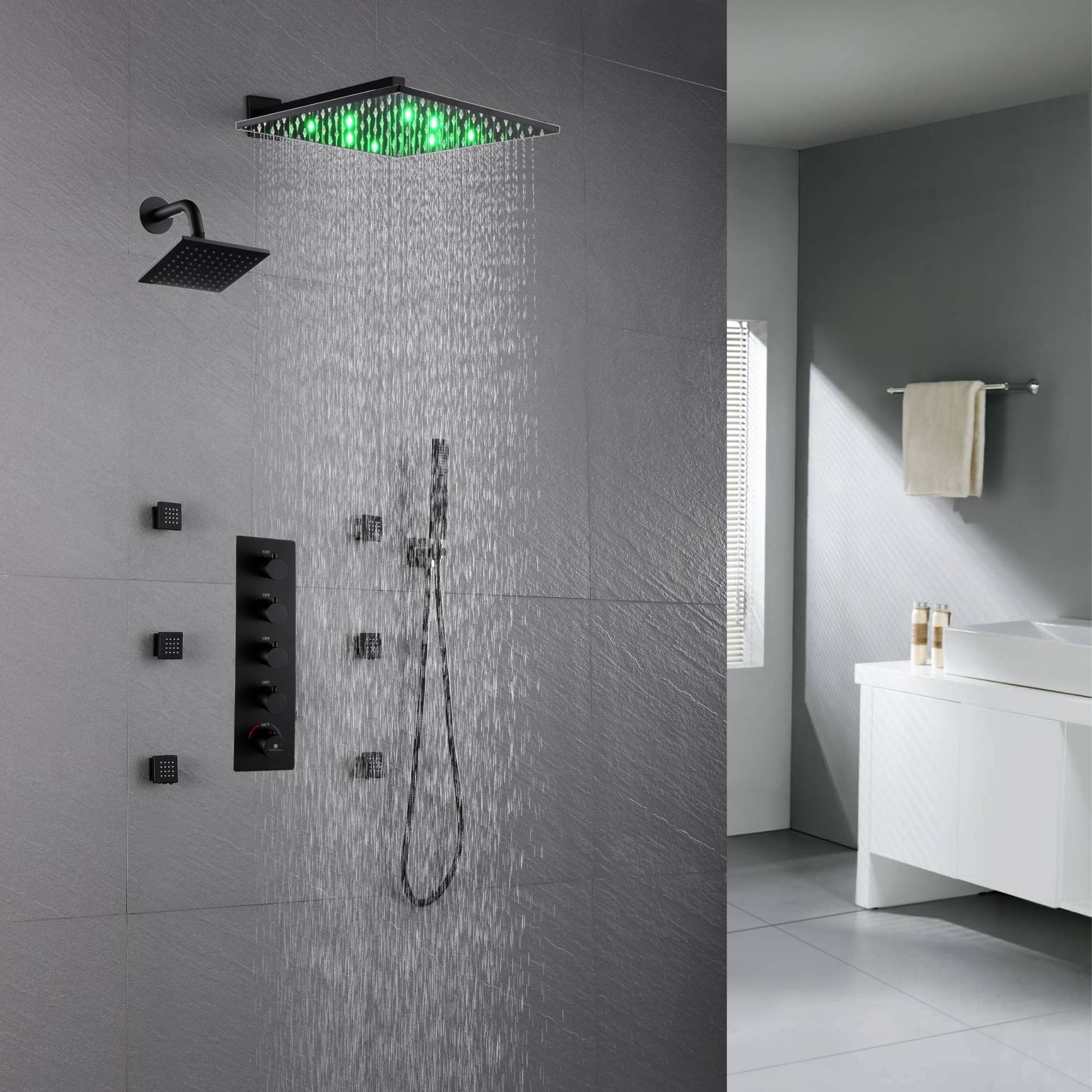 Matte Black Wall mount 12 inch or 16 inch rainfall shower head wall mount 6 inch high water pressure regular shower head 4 way thermostatic shower faucet with body jets - Image 7