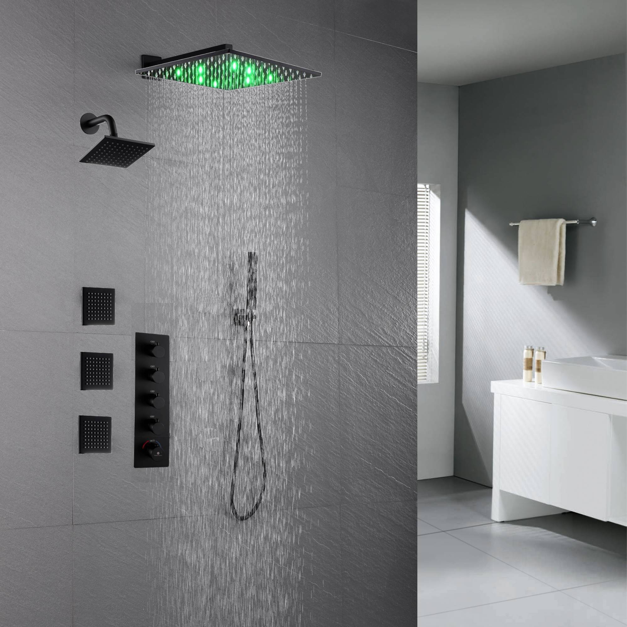 Matte Black Wall mount 12 inch or 16 inch rainfall shower head wall mount 6 inch high water pressure regular shower head 4 way thermostatic shower faucet with body jets - Image 8