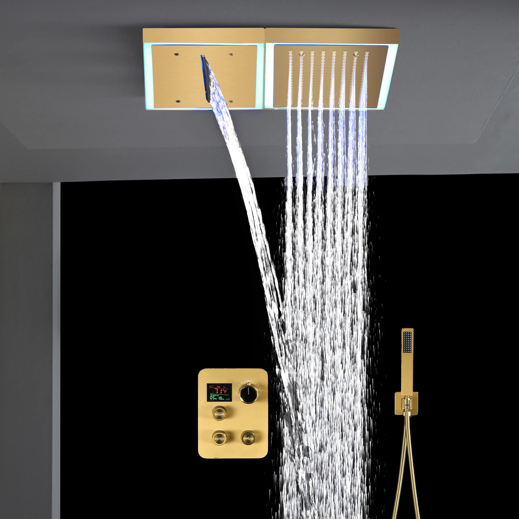 Flush Mount 16 x 16 inch or 32 x 8 inch rainfall waterfall 64 LED light Shower Head 3 way Digital Display Shower Faucet - Image 10