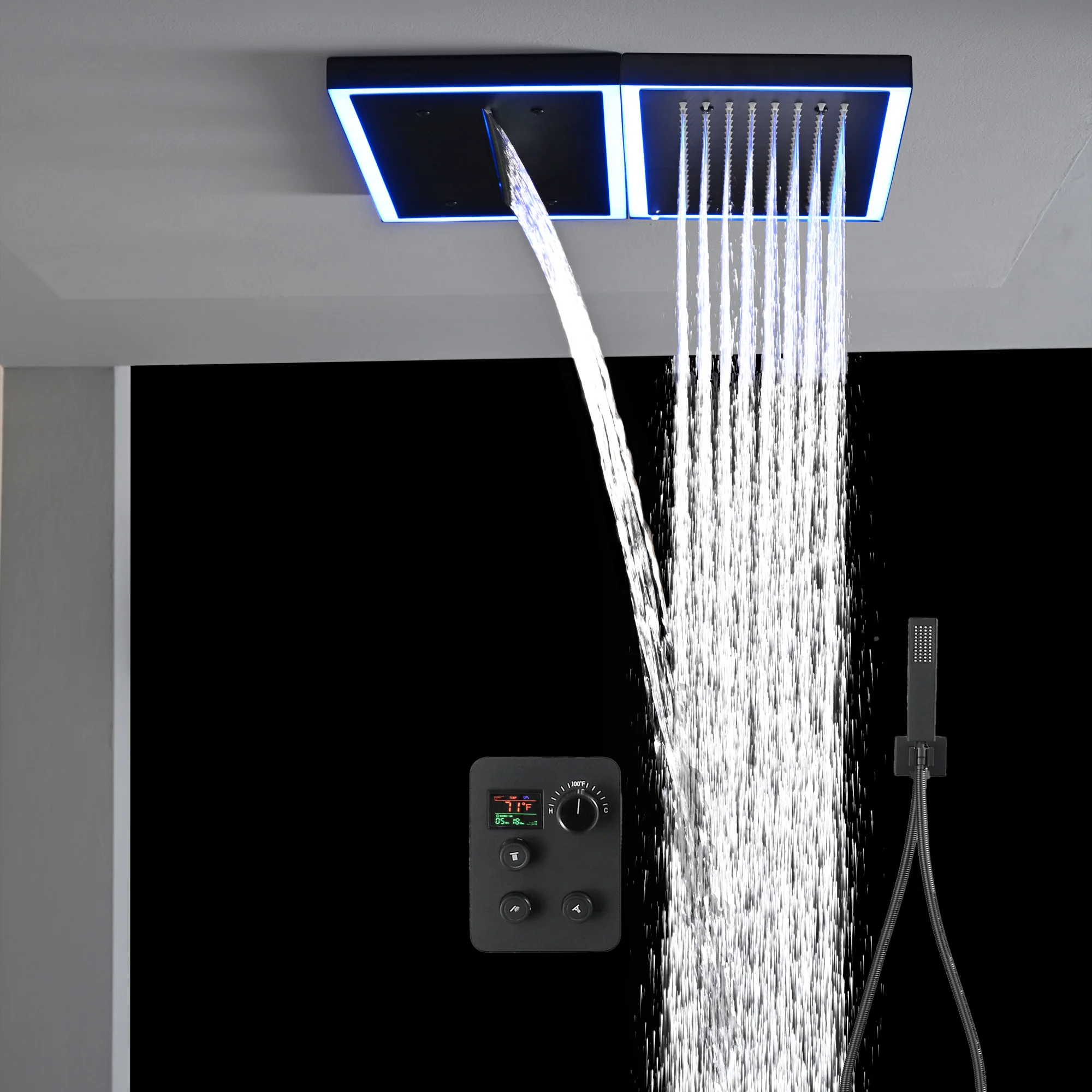 Flush Mount 16 x 16 inch or 32 x 8 inch rainfall waterfall 64 LED light Shower Head 3 way Digital Display Shower Faucet - Image 18