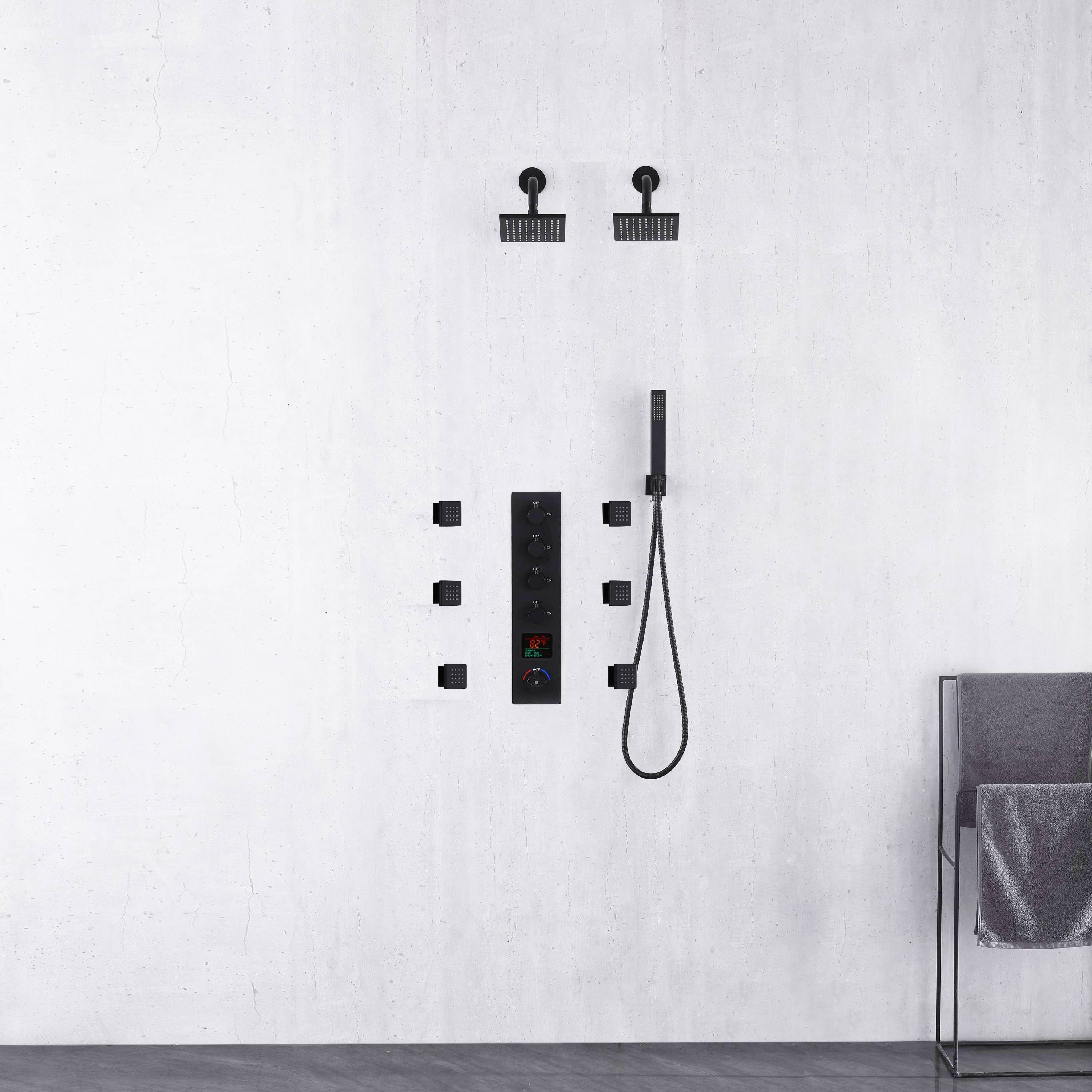 Matte Black Wall Mount 6" Dual Shower Head with 4-Way Thermostatic Faucet and Jets - Image 2