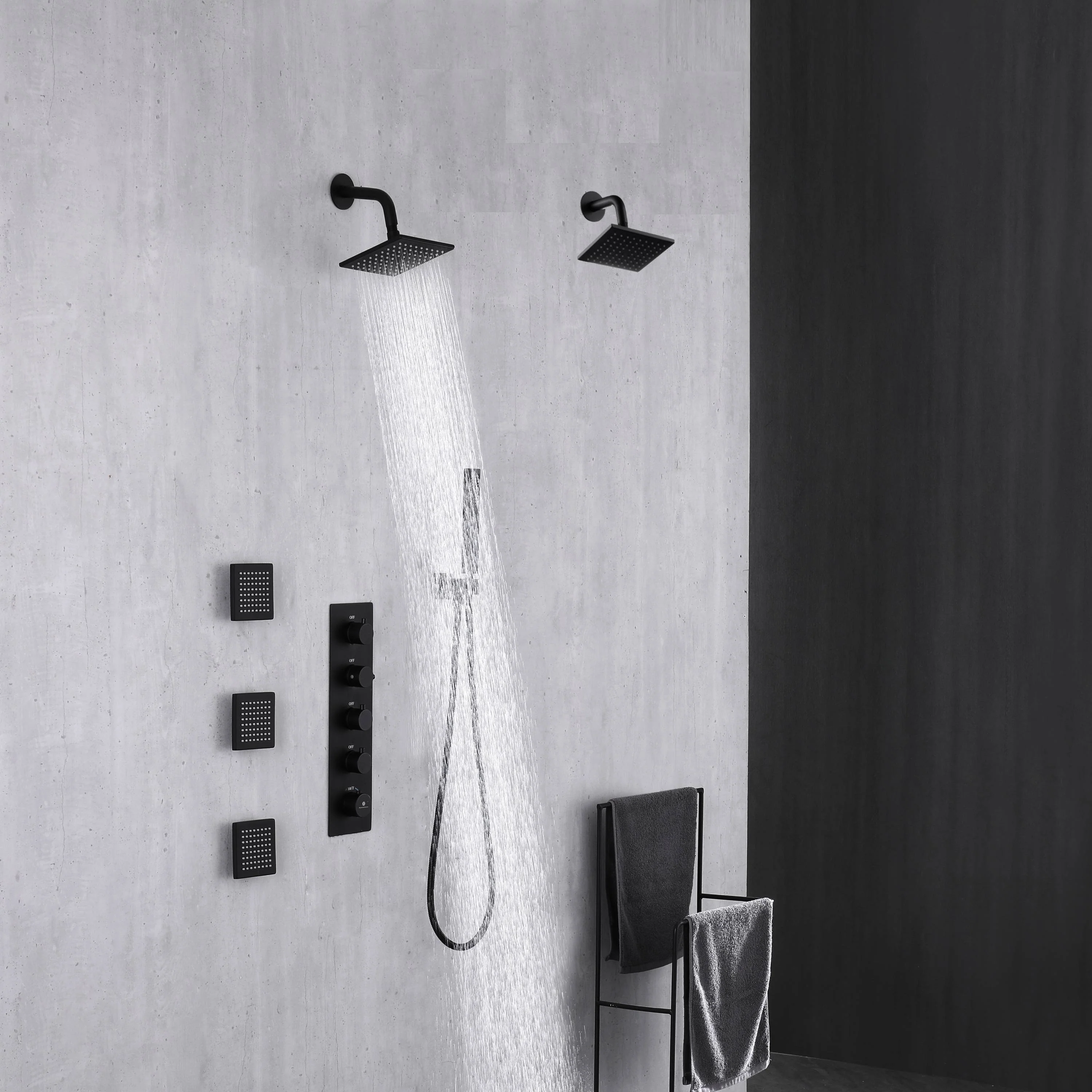 Matte Black Wall Mount 6" Dual Shower Head with 4-Way Thermostatic Faucet and Jets - Image 3