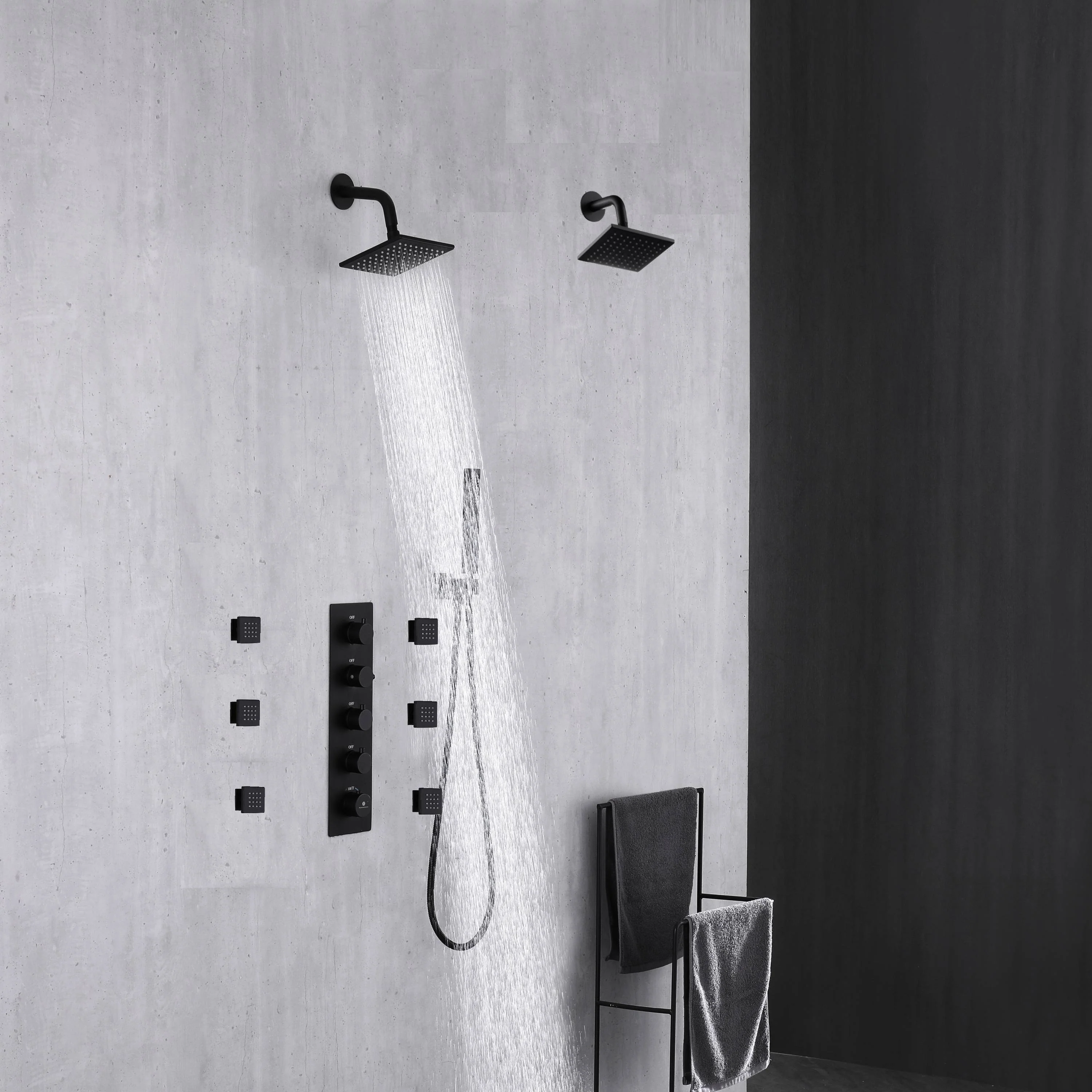Matte Black Wall Mount 6" Dual Shower Head with 4-Way Thermostatic Faucet and Jets - Image 4