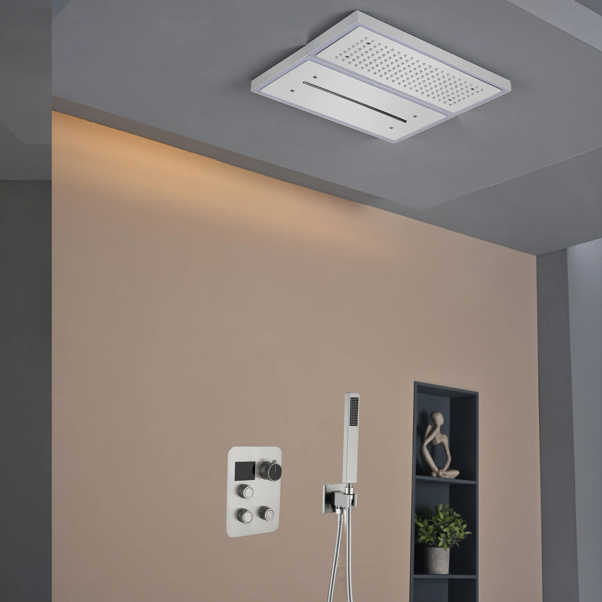 Flush Mount 16 x 16 inch or 32 x 8 inch rainfall waterfall 64 LED light Shower Head 3 way Digital Display Shower Faucet - Image 2
