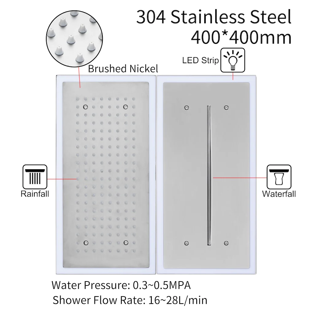 Flush Mount 16 x 16 inch or 32 x 8 inch rainfall waterfall 64 LED light Shower Head 3 way Digital Display Shower Faucet - Image 5