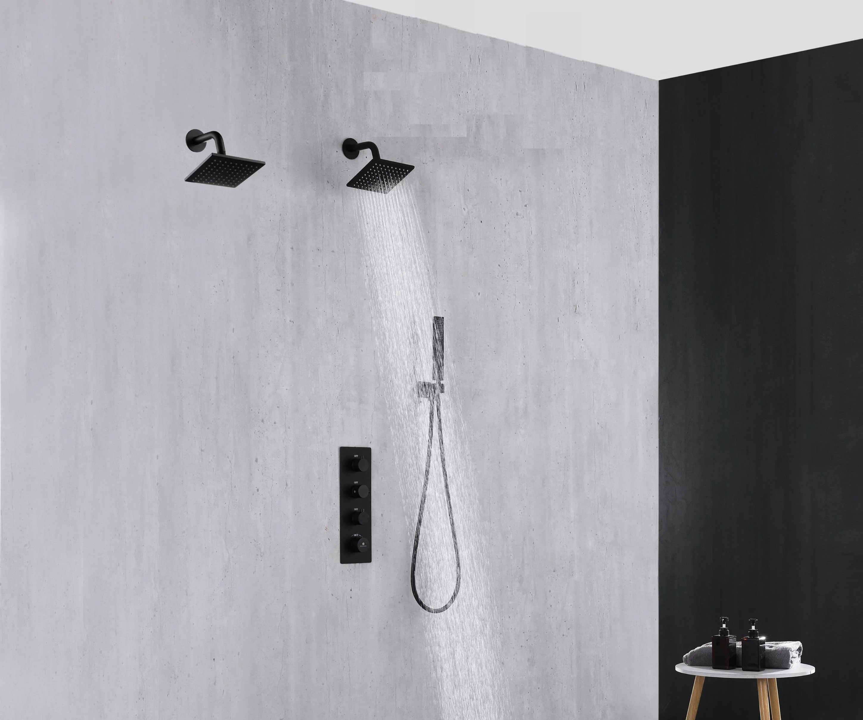 Matte Black wall mounted dual regular shower head 3 way thermostatic shower faucet - Image 5