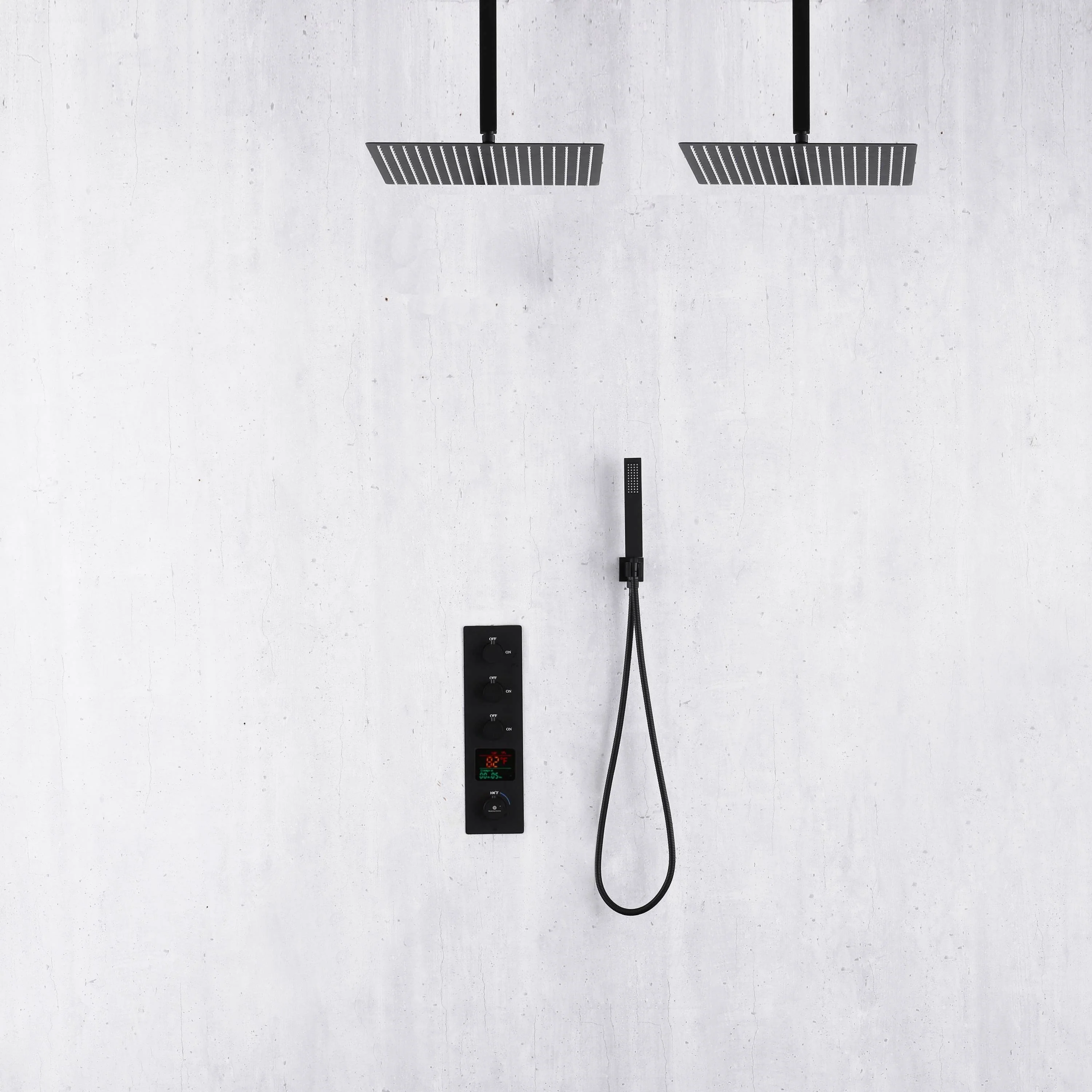 Matte Black ceiling mount 12 or 16 inch rainfall shower head 3 way thermostatic shower faucet - Image 2