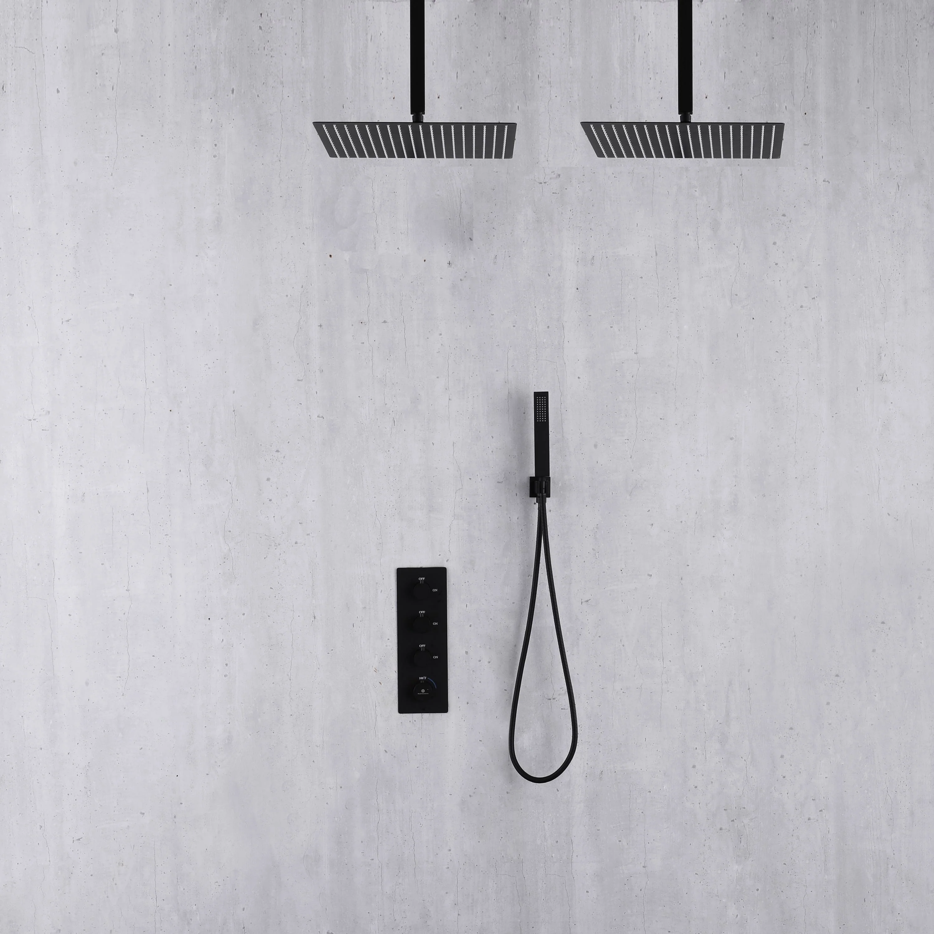 Matte Black ceiling mount 12 or 16 inch rainfall shower head 3 way thermostatic shower faucet - Image 7
