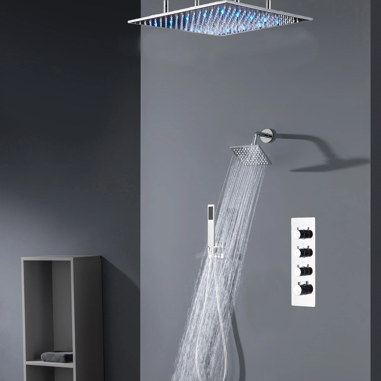 Chrome ceiling mount 20 inch or 24 inch rainfall shower head system 3 way thermostatic shower faucet with wall mount 6 inch high water pressure regular shower head - Image 3