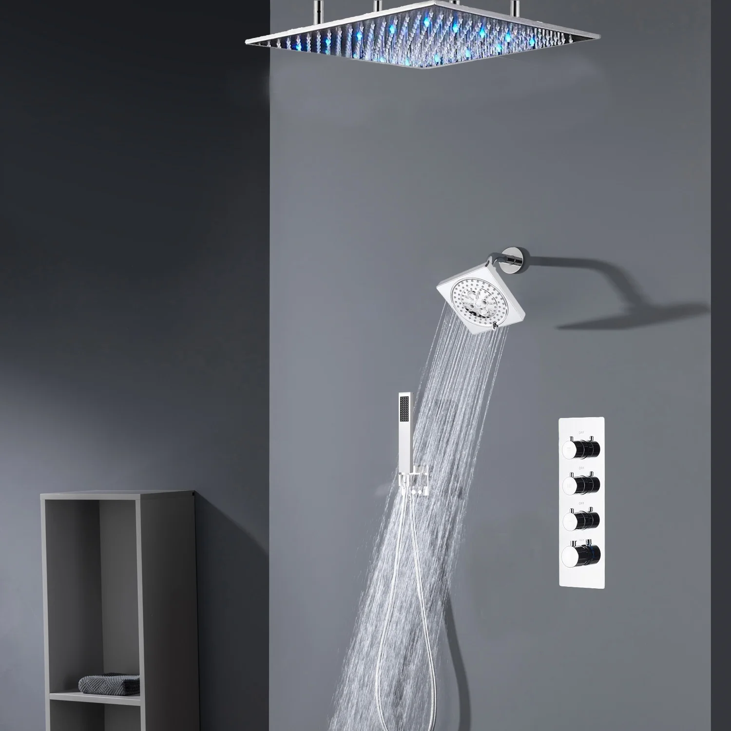 Chrome ceiling mount 20 inch or 24 inch rainfall shower head system 3 way thermostatic shower faucet with wall mount 6 inch high water pressure regular shower head - Image 4