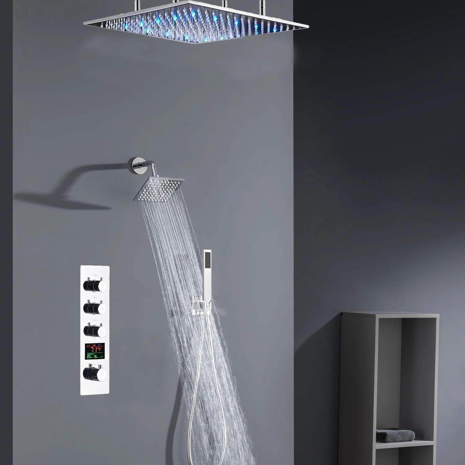 Chrome ceiling mount 20 inch or 24 inch rainfall shower head system 3 way thermostatic shower faucet with wall mount 6 inch high water pressure regular shower head - Image 5