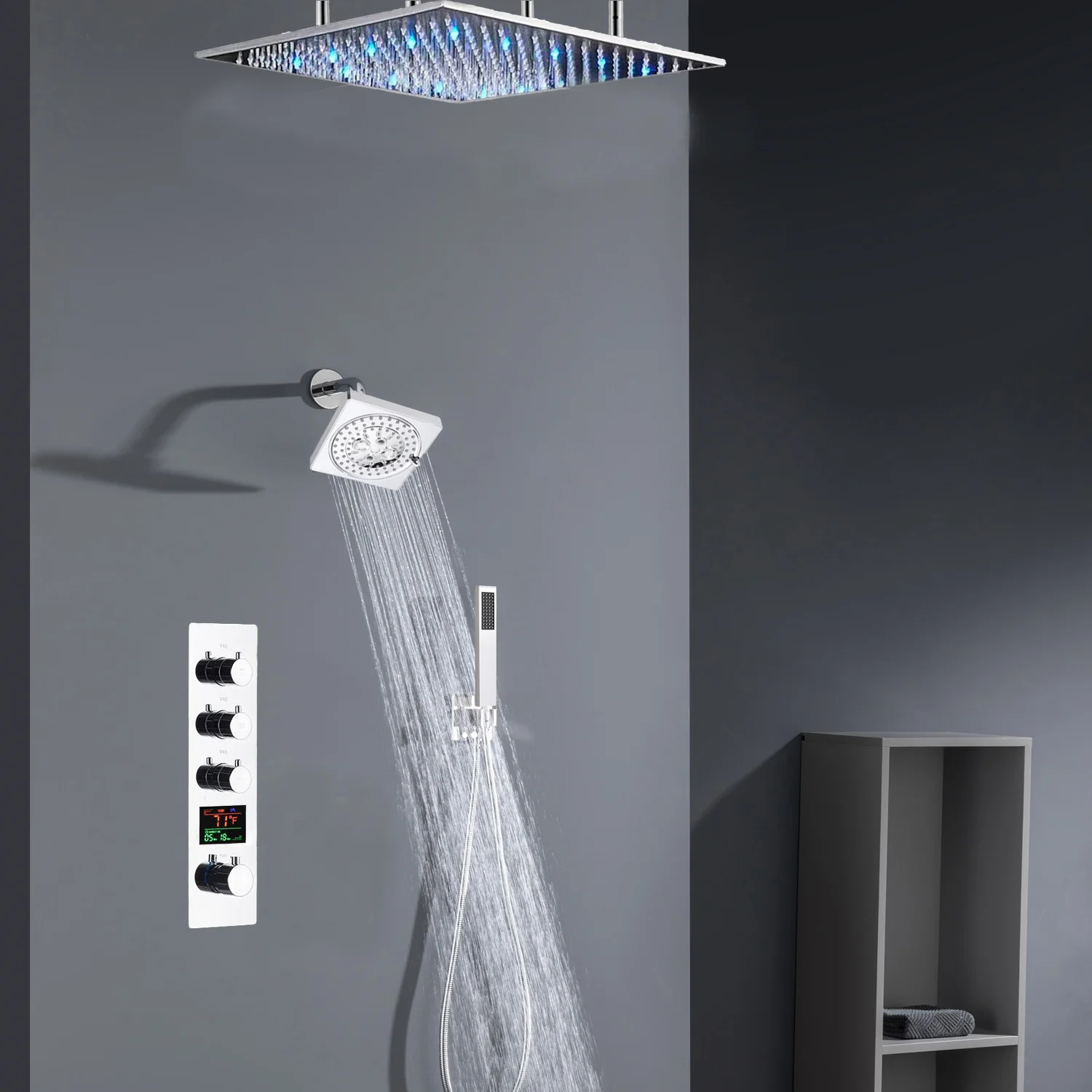 Chrome ceiling mount 20 inch or 24 inch rainfall shower head system 3 way thermostatic shower faucet with wall mount 6 inch high water pressure regular shower head - Image 6