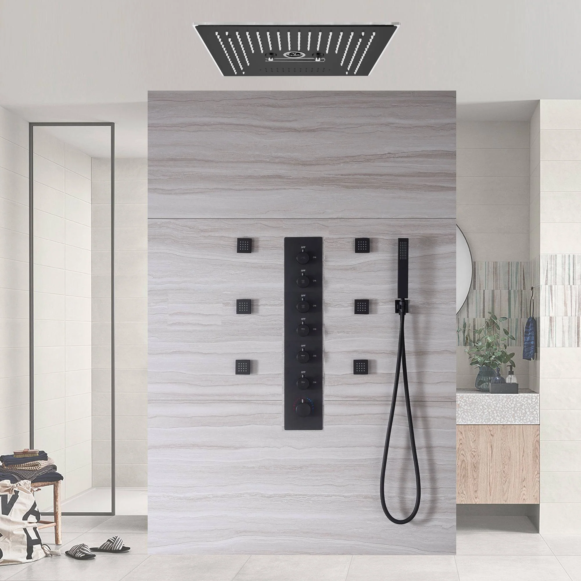 Matte Black 6-Way Digital Display Thermostatic Shower Faucet: Flush-Mounted 16-Inch Head, Rainfall, Waterfall, Mist, Hydro-Water Massage, 64-Color LED Lighting, and Bluetooth Music - Image 2