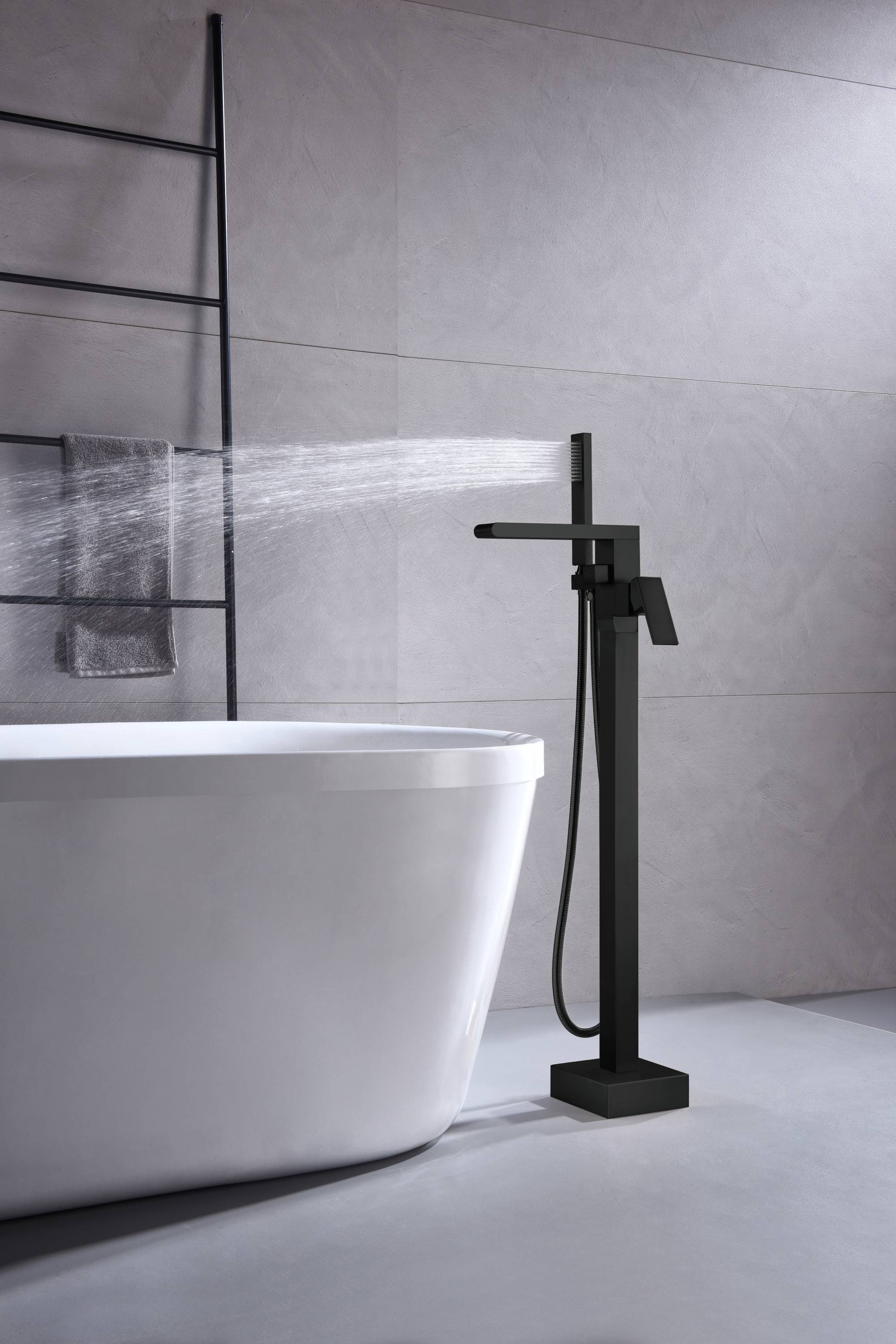Waterfall pressure balance Matte Black Freestanding Single Handle Bathtub Faucet with Handheld Sprayer - Image 5