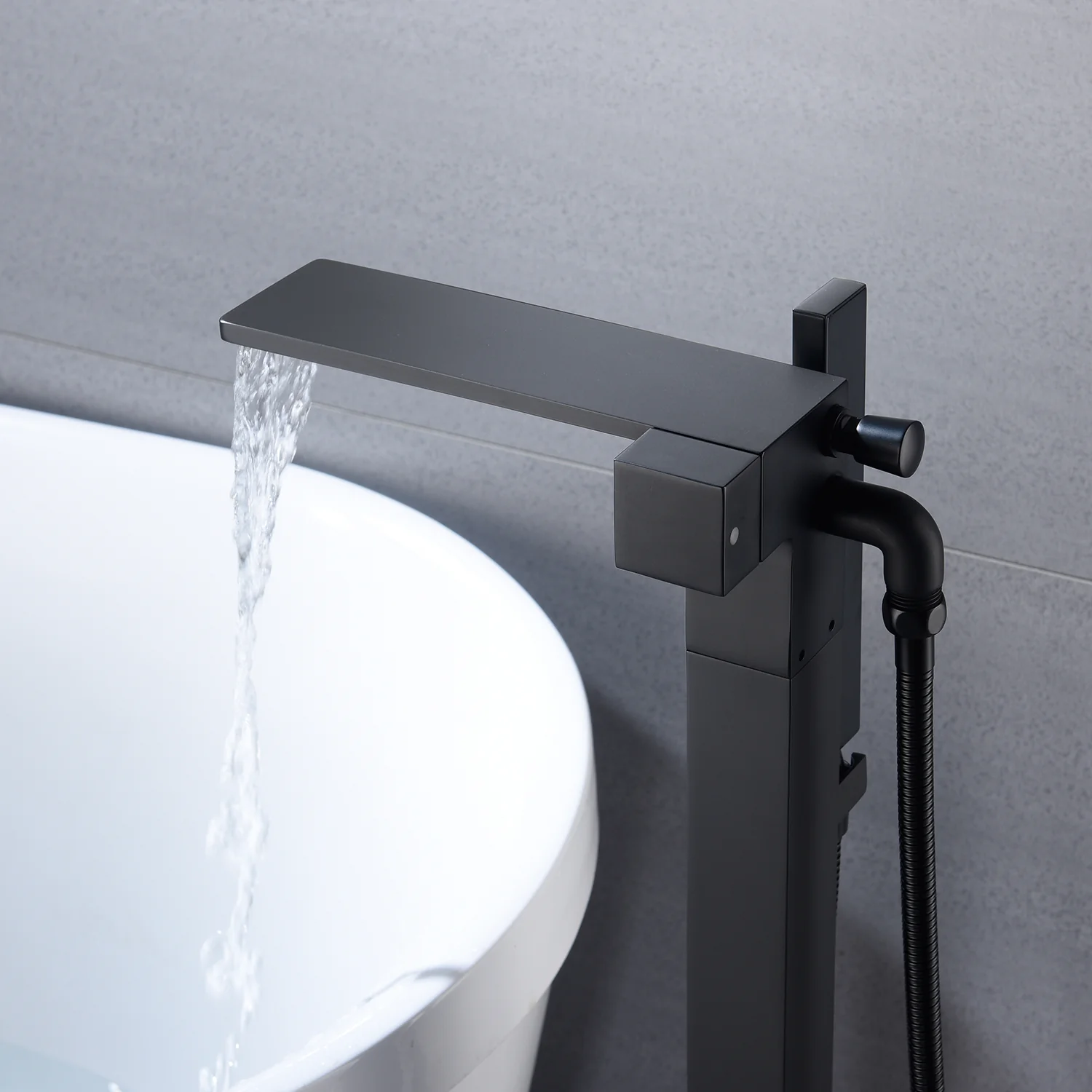 Waterfall Matte Black Freestanding Single Handle Bathtub Faucet with Handheld Sprayer - Image 4