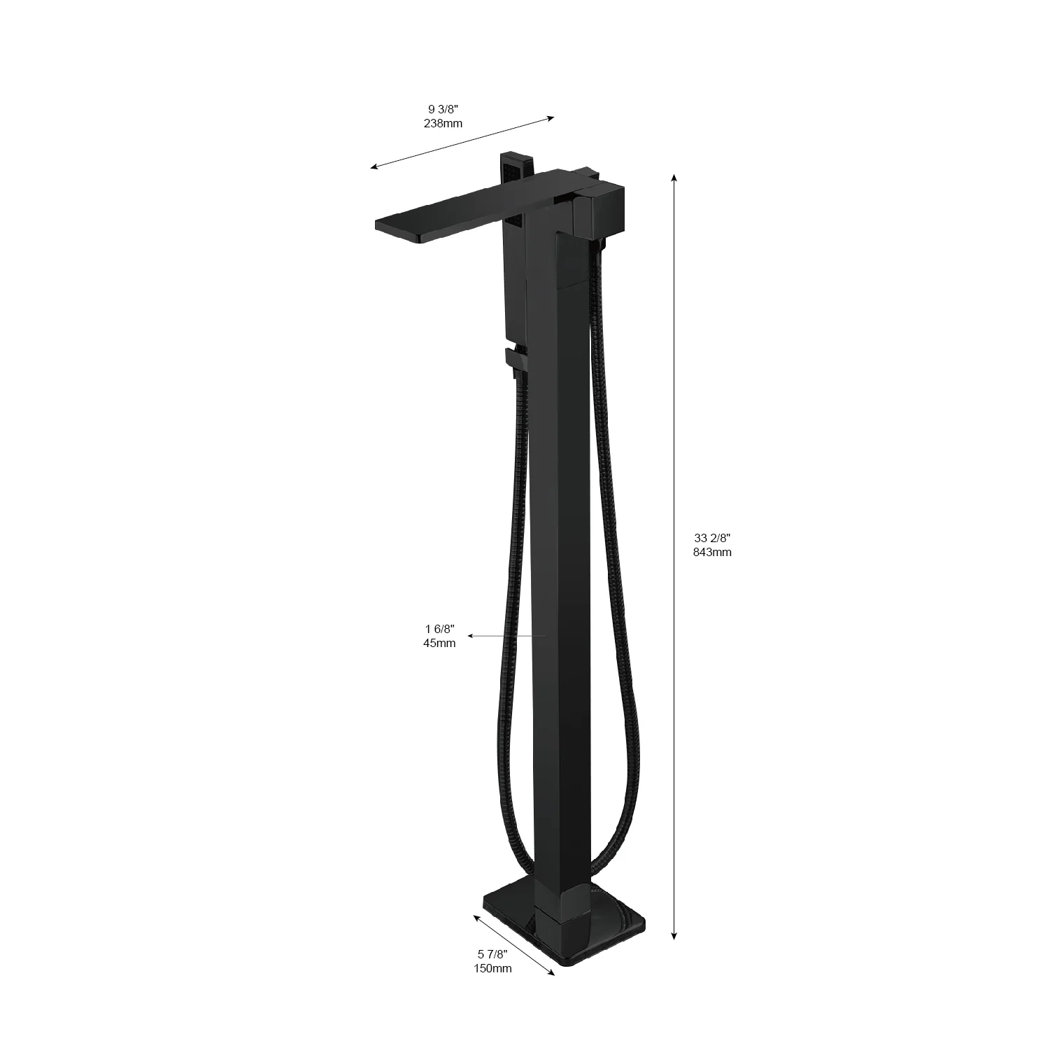 Waterfall Matte Black Freestanding Single Handle Bathtub Faucet with Handheld Sprayer - Image 6